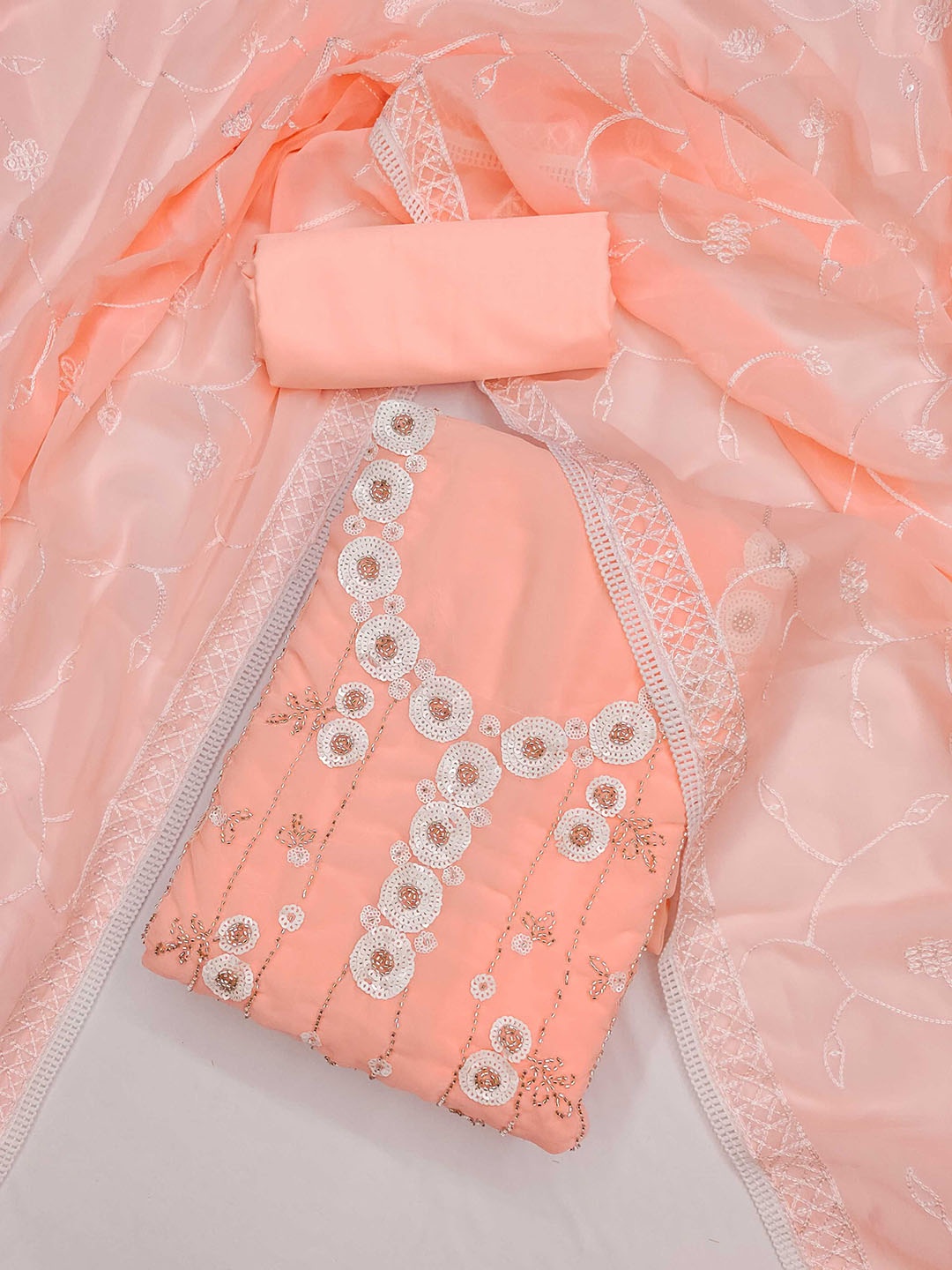 KALINI Geometric Embroidered Sequinned Georgette Unstitched Dress Material, Peach
