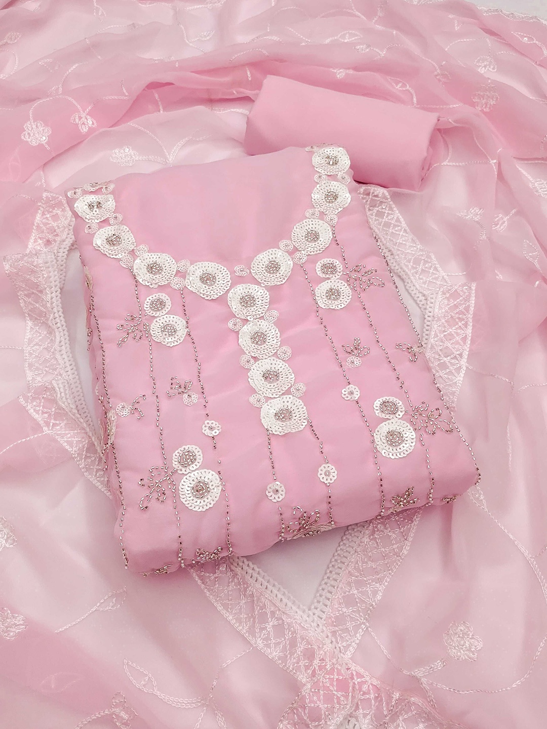 KALINI Floral Embroidered Beads And Stones Unstitched Dress Material, Pink