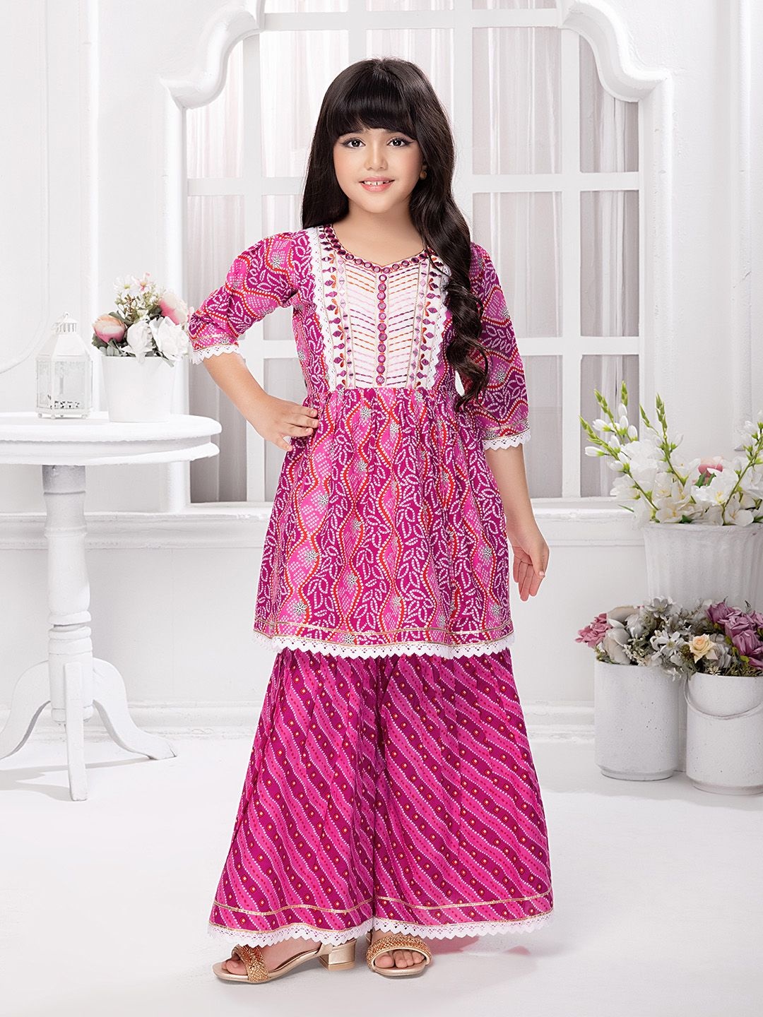 Tiny Kingdom Girls Bandhani Printed Regular Thread Work Kurta With Sharara, Pink
