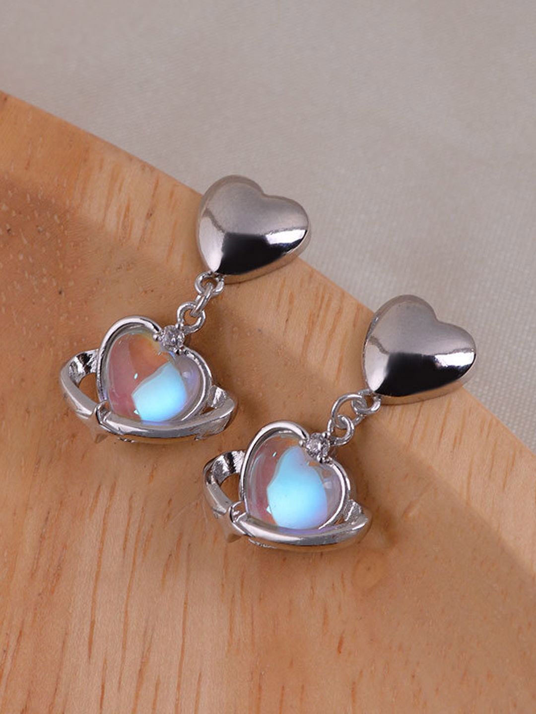 

KRENOZ Rhodium-Plated Opal Studded Stone Heart Shaped Drop Earrings, Silver