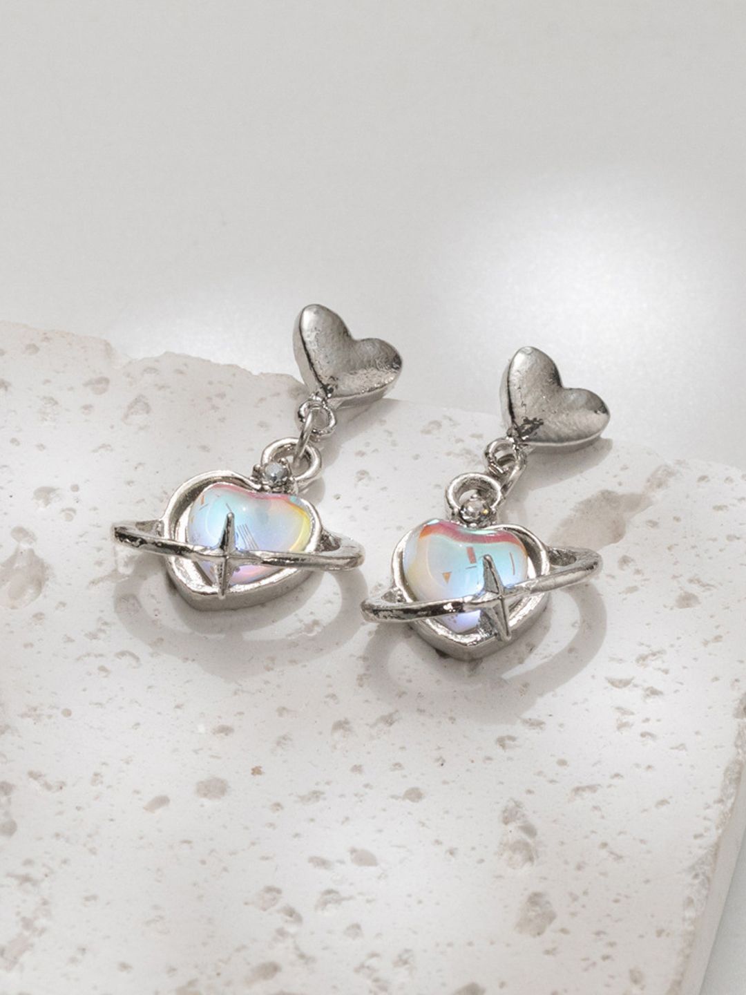 

KRENOZ Rhodium-Plated Opal Studded Stone Heart Shaped Drop Earrings, Silver