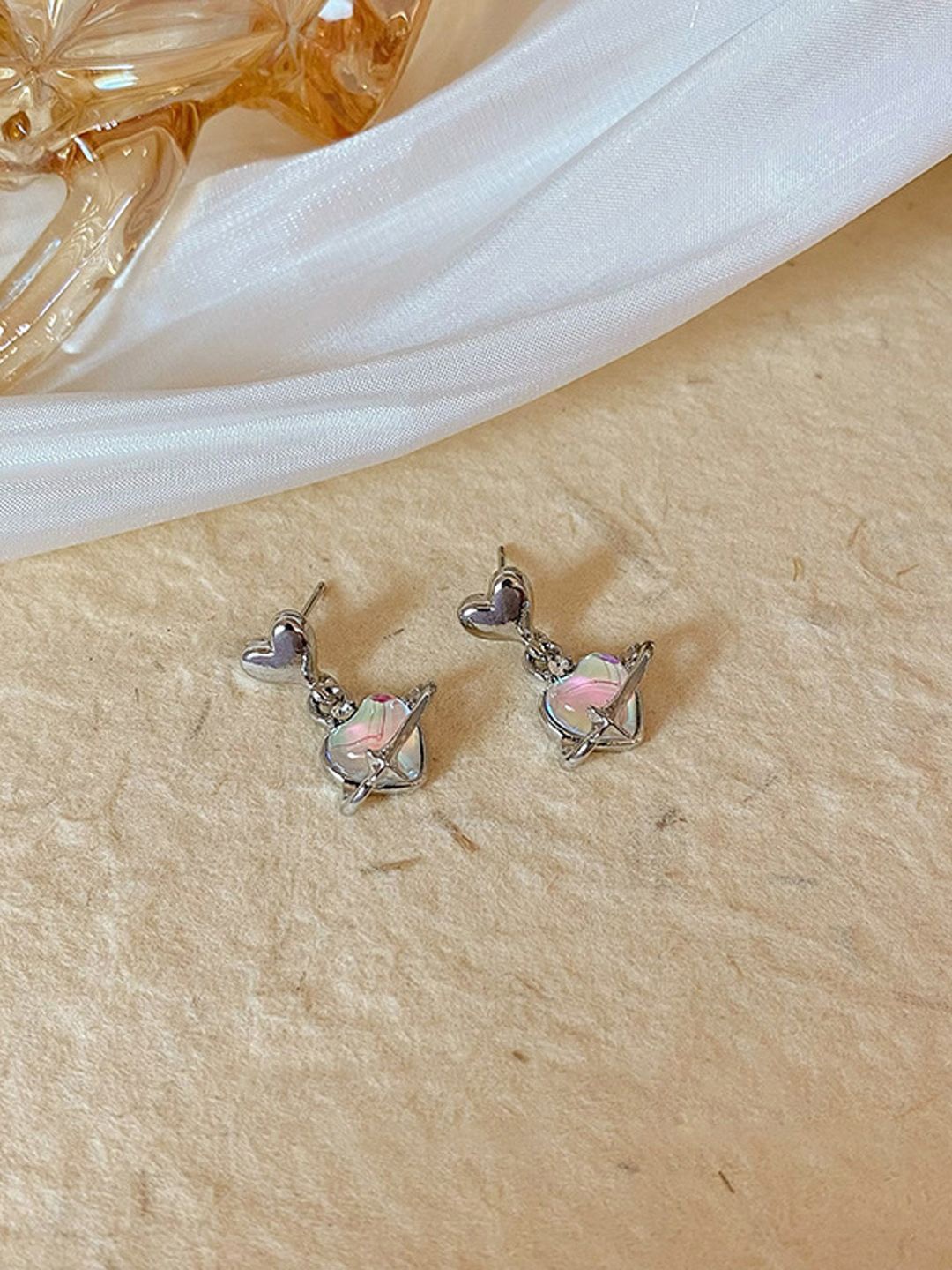 

KRENOZ Rhodium-Plated Opal Studded Stone Heart Shaped Drop Earrings, Silver