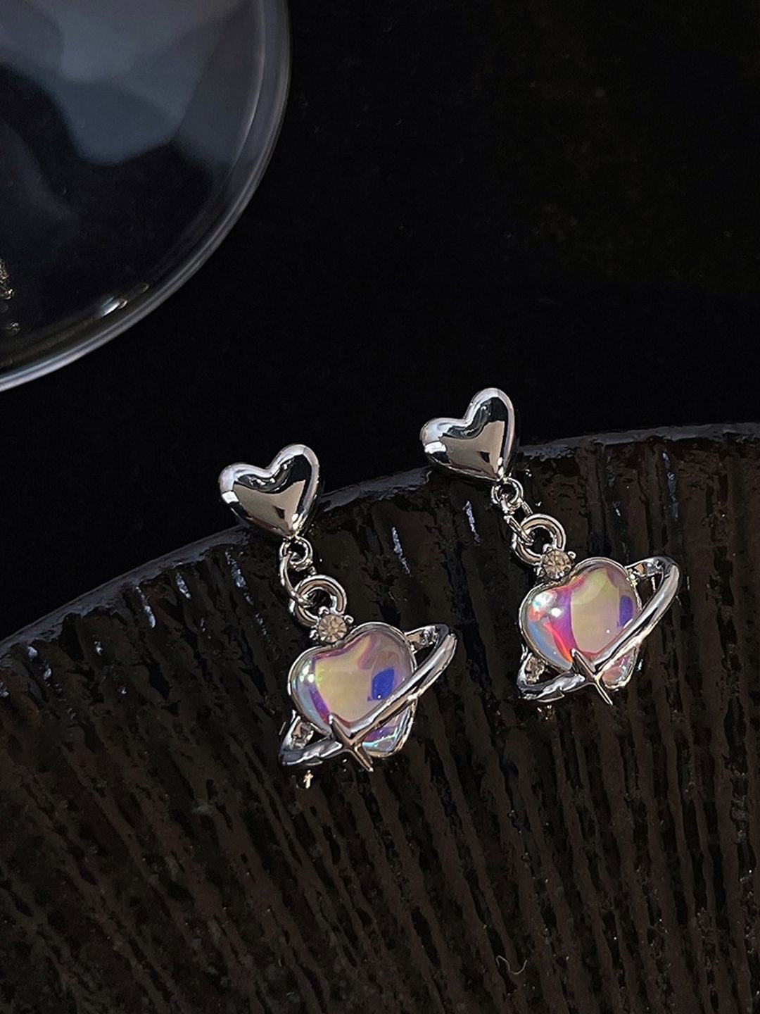 

KRENOZ Rhodium-Plated Opal Studded Stone Heart Shaped Drop Earrings, Silver