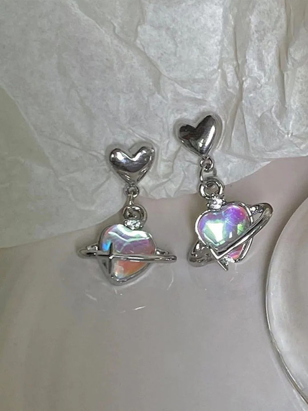 

KRENOZ Rhodium-Plated Opal Studded Stone Heart Shaped Drop Earrings, Silver