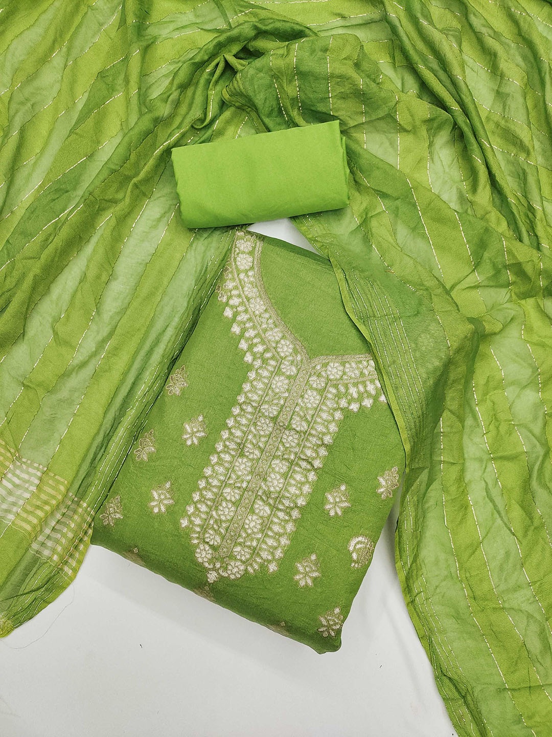 

KALINI Floral Woven Design Dola Silk Zari Unstitched Dress Material, Green