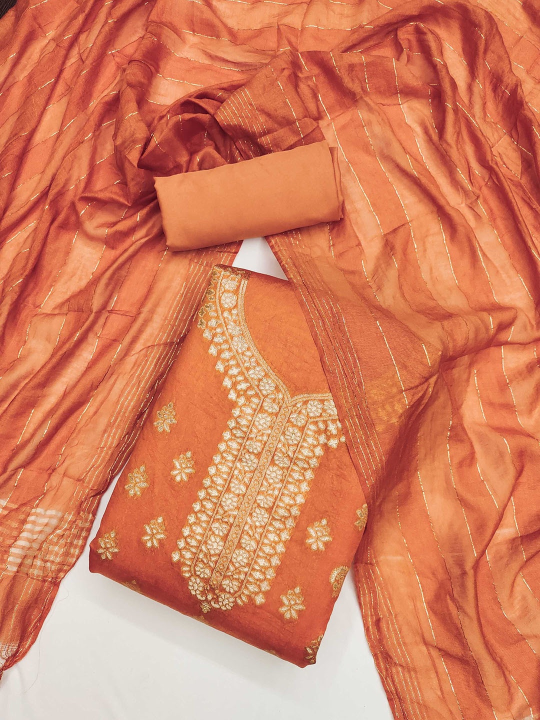 

KALINI Floral Woven Design Dola Silk Zari Unstitched Dress Material, Orange