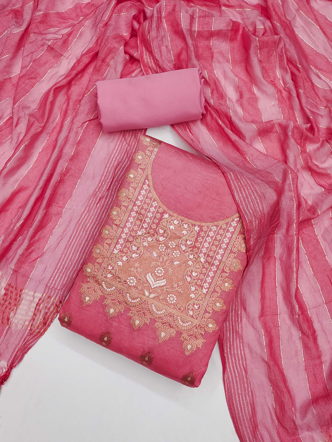 

KALINI Floral Woven Design Dola Silk Zari Unstitched Dress Material, Pink
