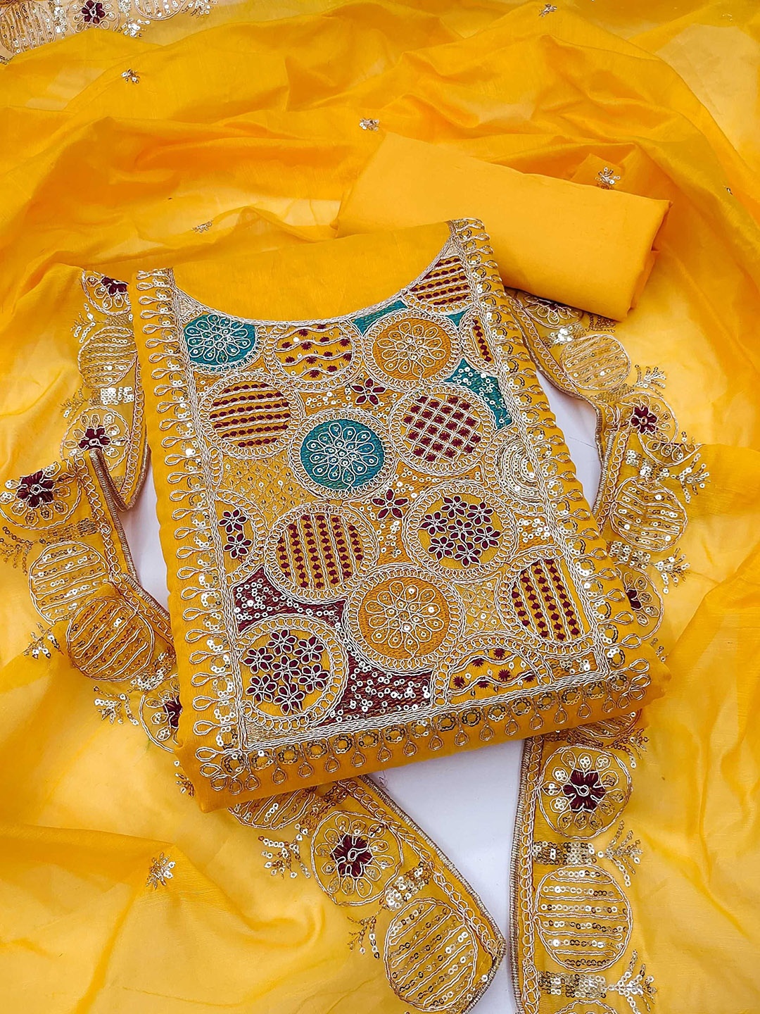 

KALINI Ethnic Motifs Embroidered Sequinned Chanderi Silk Unstitched Dress Material, Yellow
