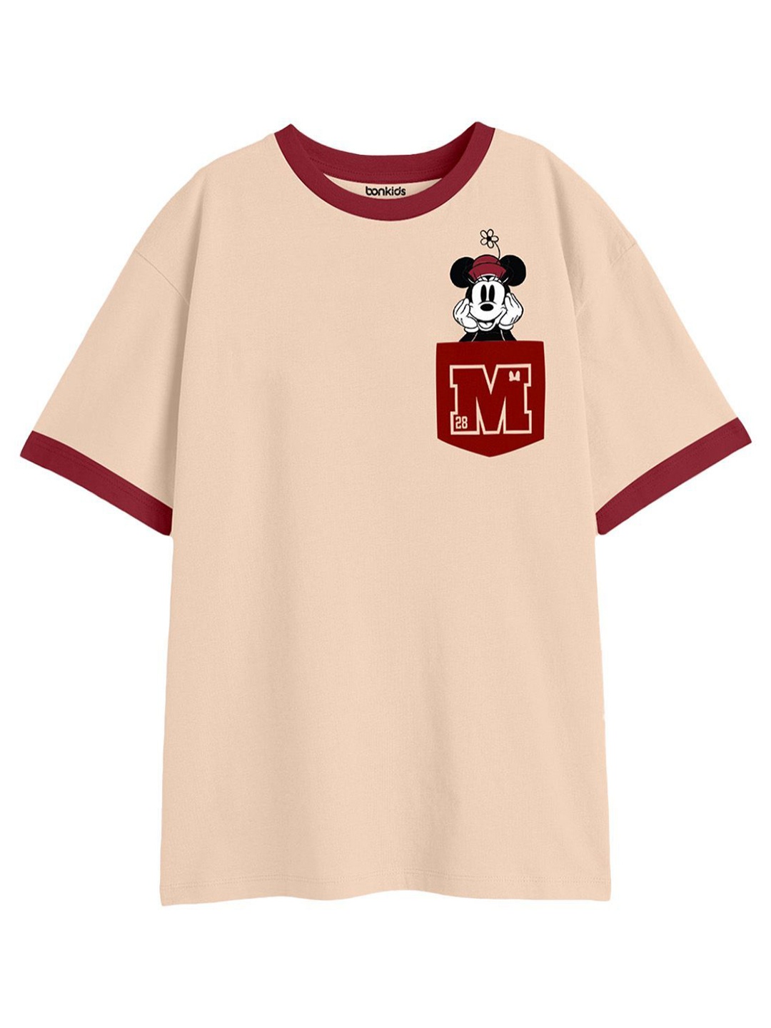 

BONKIDS Girls Mickey Mouse Graphic Printed Round Neck Cotton T-shirt, Beige