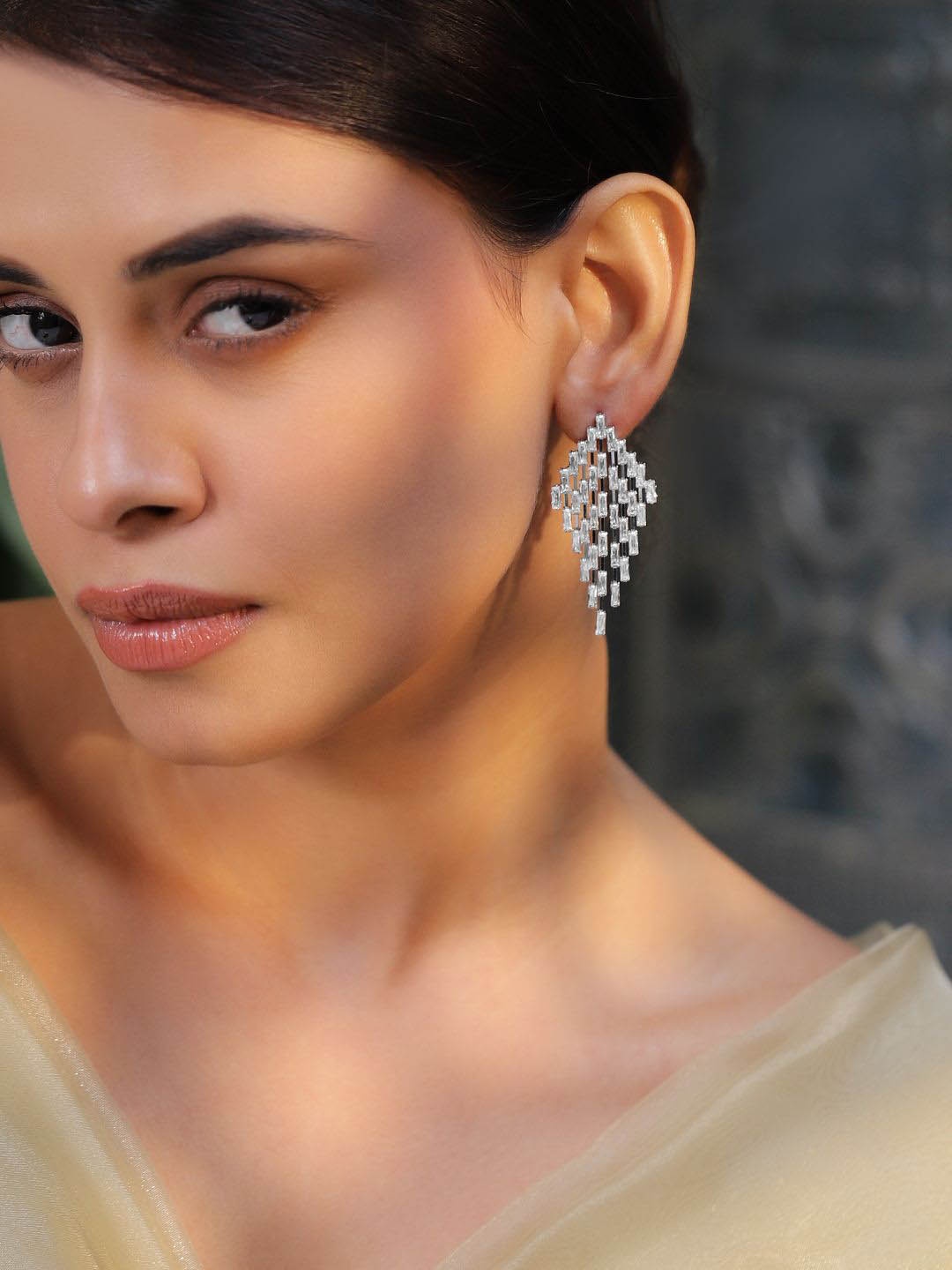 

Rubans Rhodium-Plated Cubic Zirconia Studded Diamond-Shaped Drop Earrings, Silver