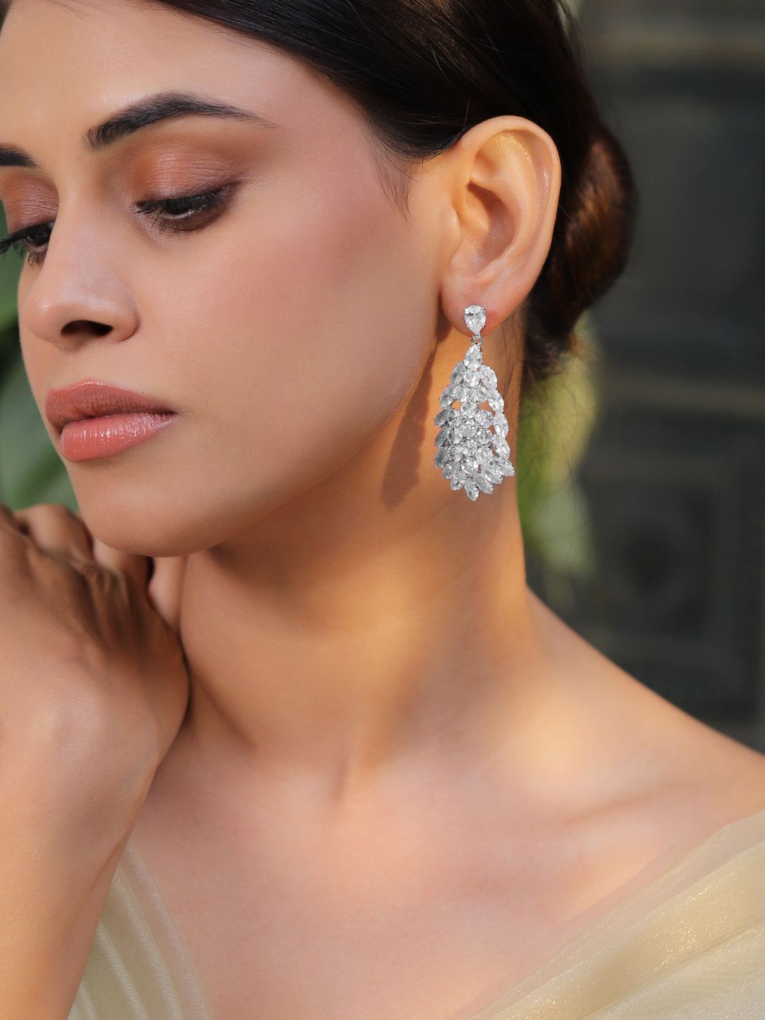 

Rubans Rhodium Plated Cubic Zirconia Stone Studded Contemporary Shaped Drop Earrings, Silver