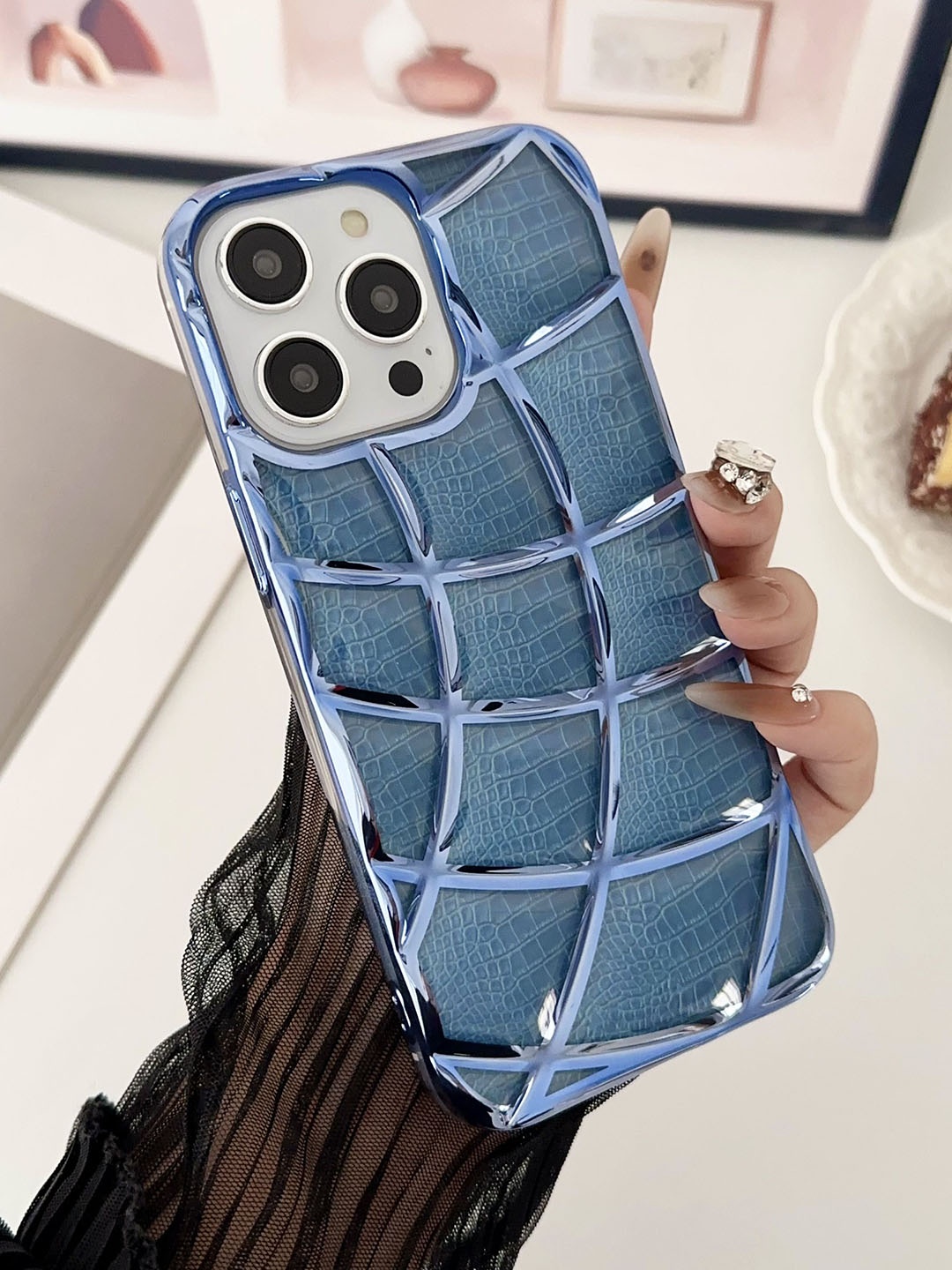 

Luxury Kase Geometric LK143 Electroplated Unique Design iPhone 12 Pro Max Back Case, Blue