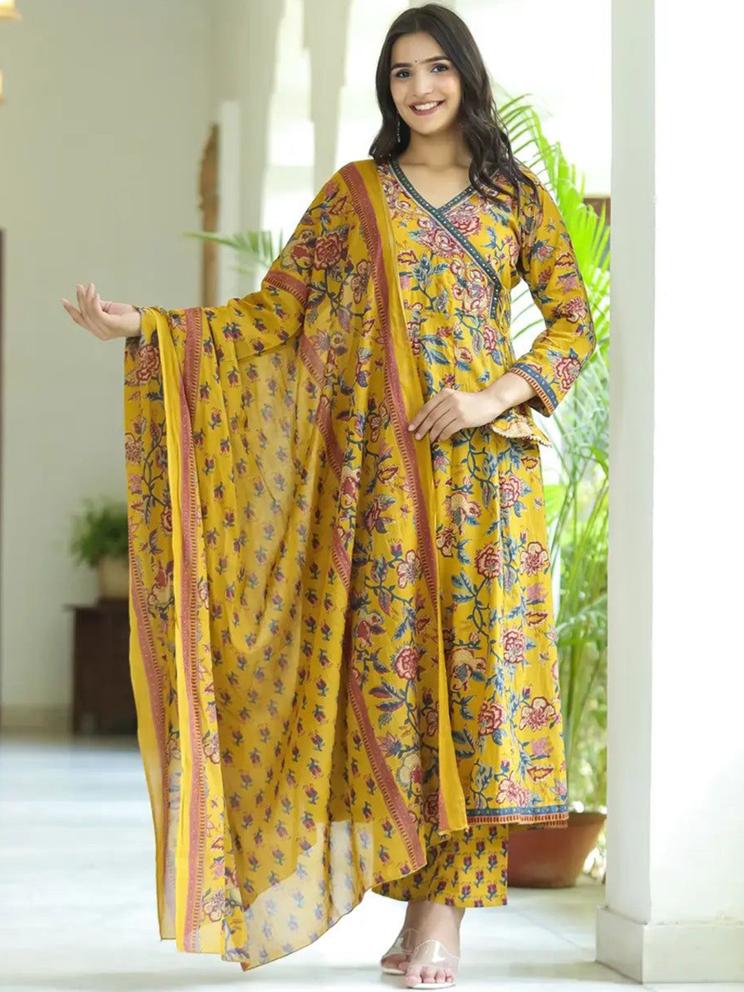 

IkDaiya Floral Printed Sequinned Angrakha Pure Cotton Kurta With Trouser With Dupatta, Yellow