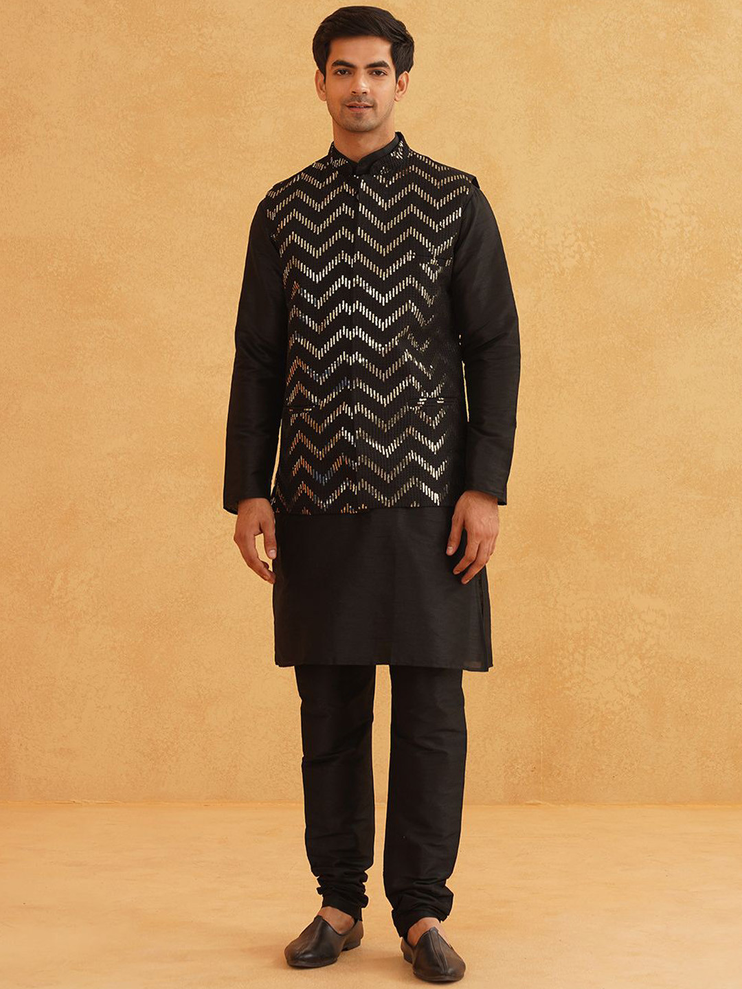 

SOJANYA Band Collar Long Sleeves Regular Kurta With Churidar With Nehru Jacket, Black