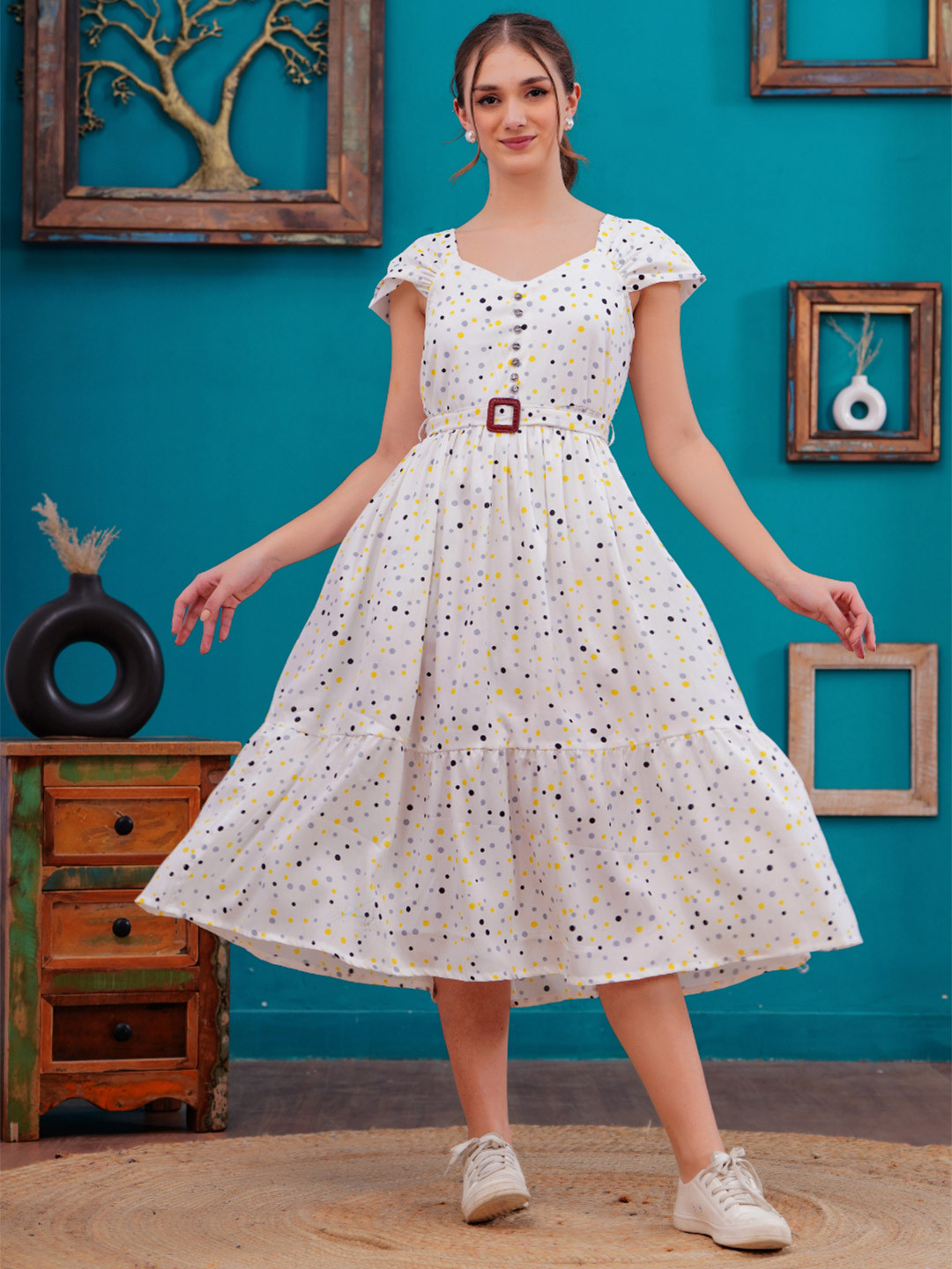 

JC4U Women Floral Fit & Flare Midi Dress, Mustard