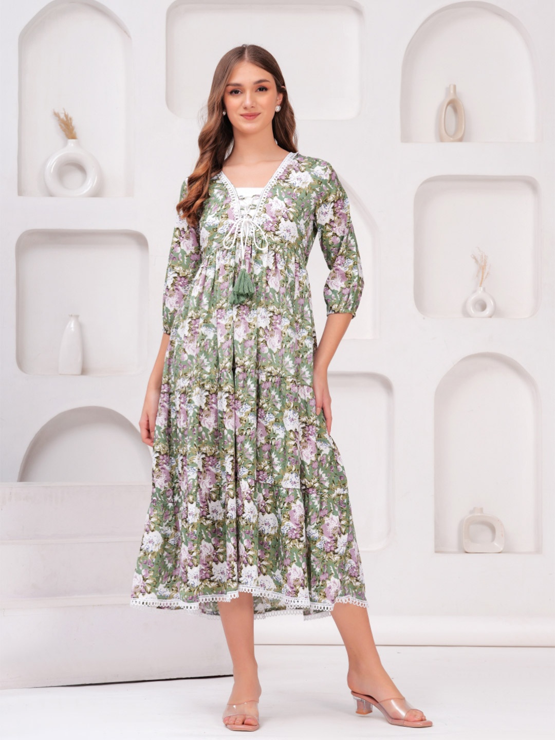 

JC4U Women Tie-Up Neck Fit & Flare Midi Dress, Green