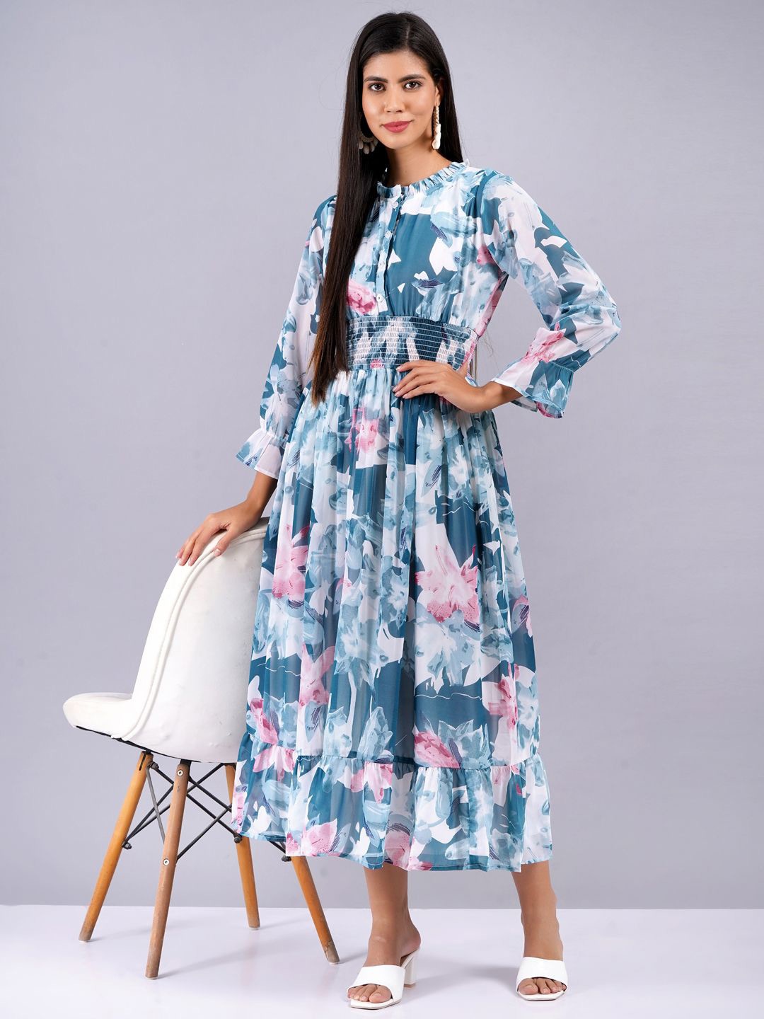 JC4U Floral Bell Sleeve Georgette Fit & Flare Midi Dress, Teal