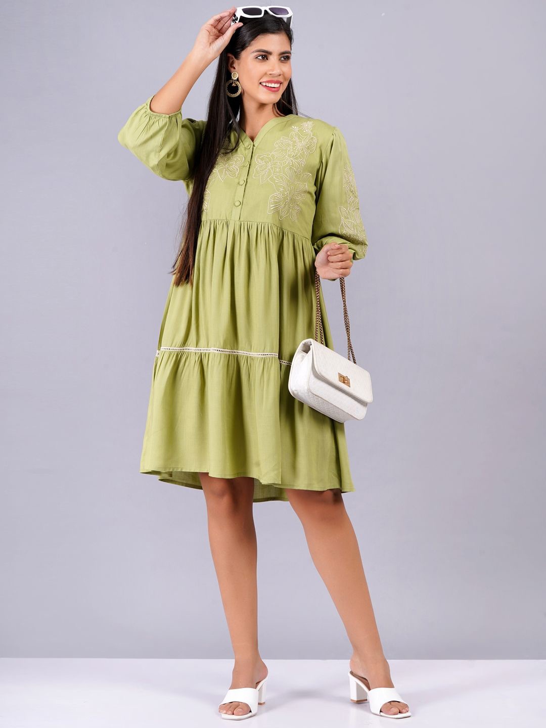 

JC4U Women Bishop Sleeves Fit & Flare Dress, Olive