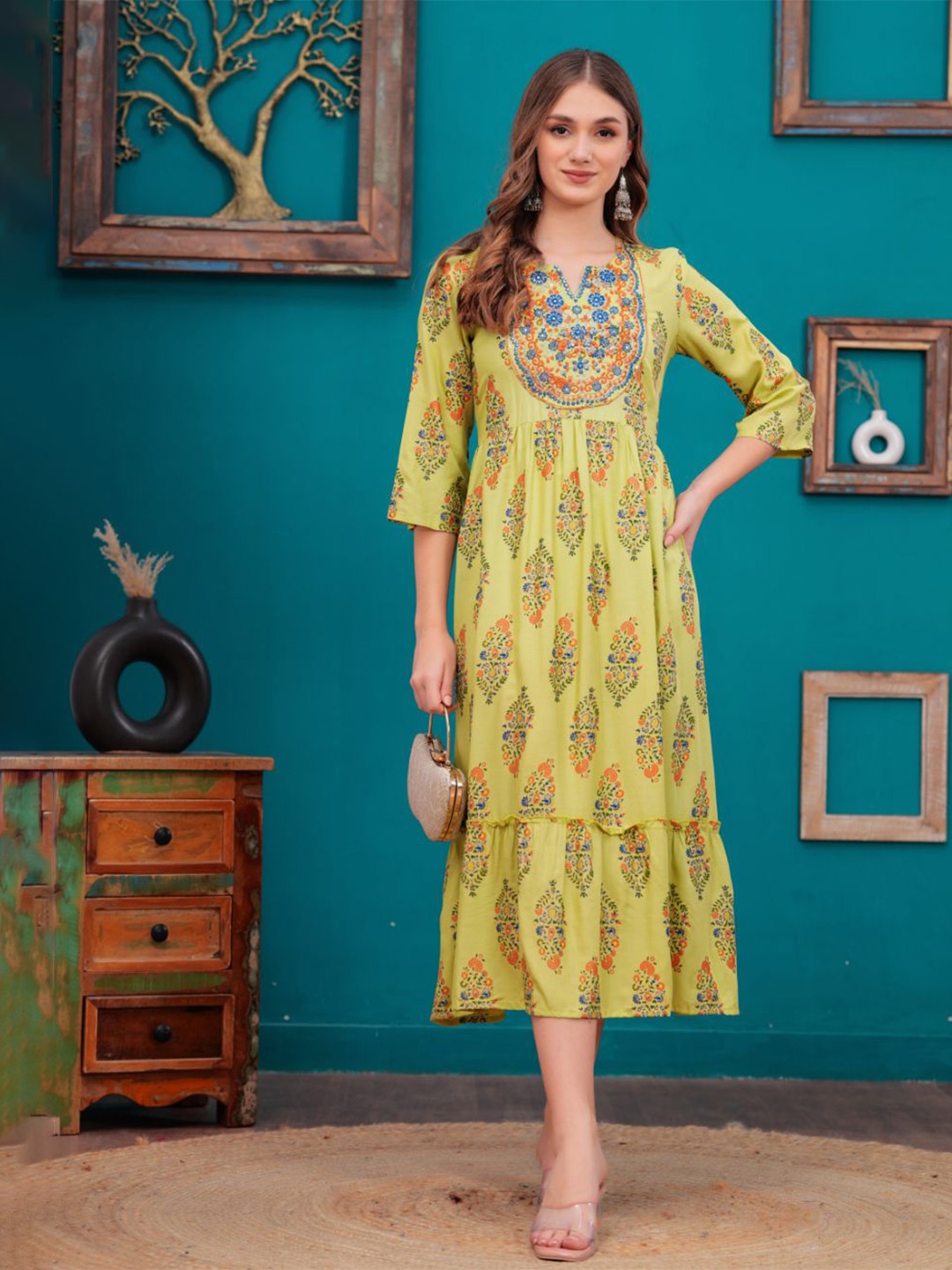 

JC4U Women Floral Fit & Flare Midi Dress, Green