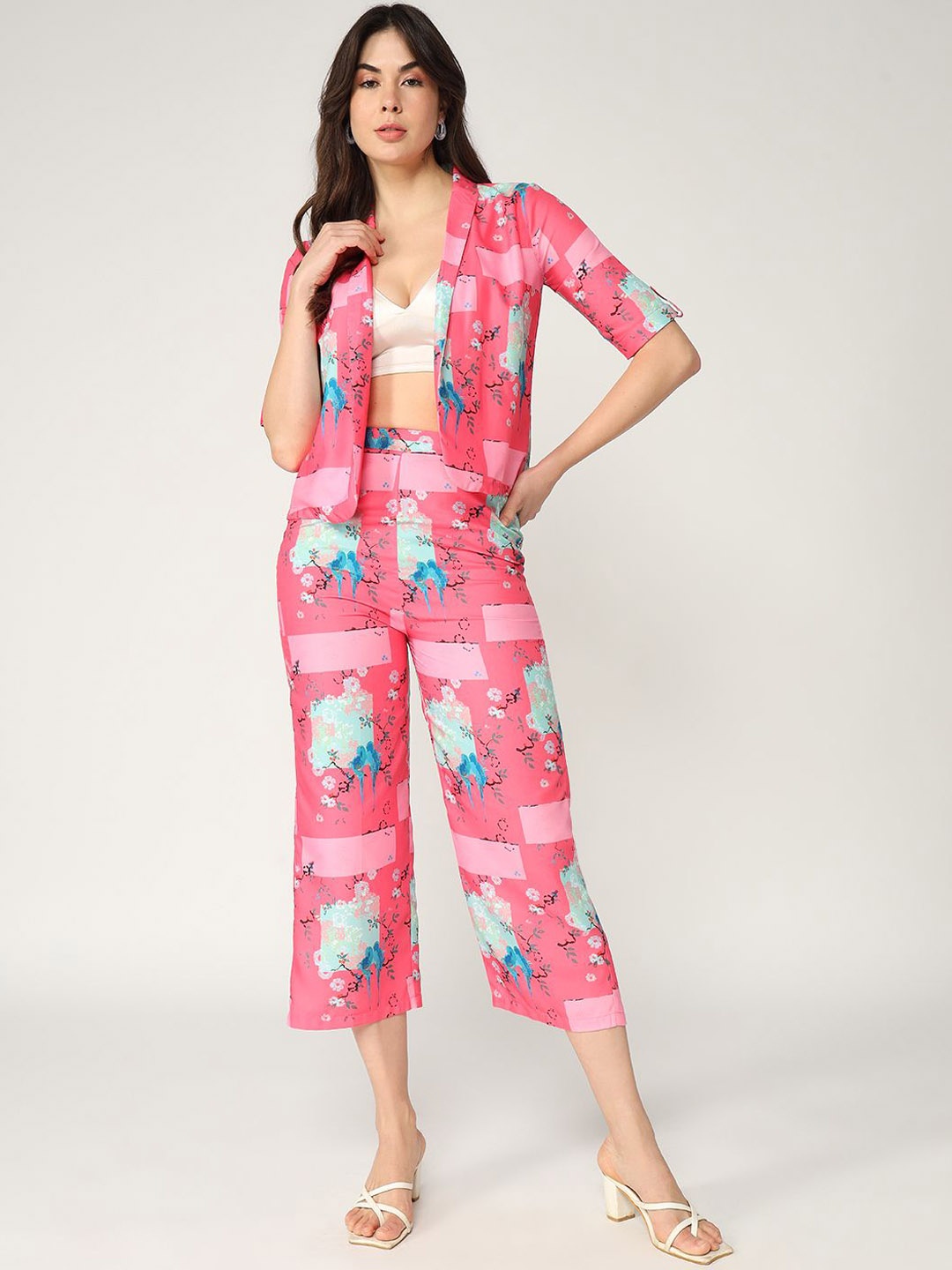 

Pannkh Printed Short Sleeves Blazer With Trouser, Pink