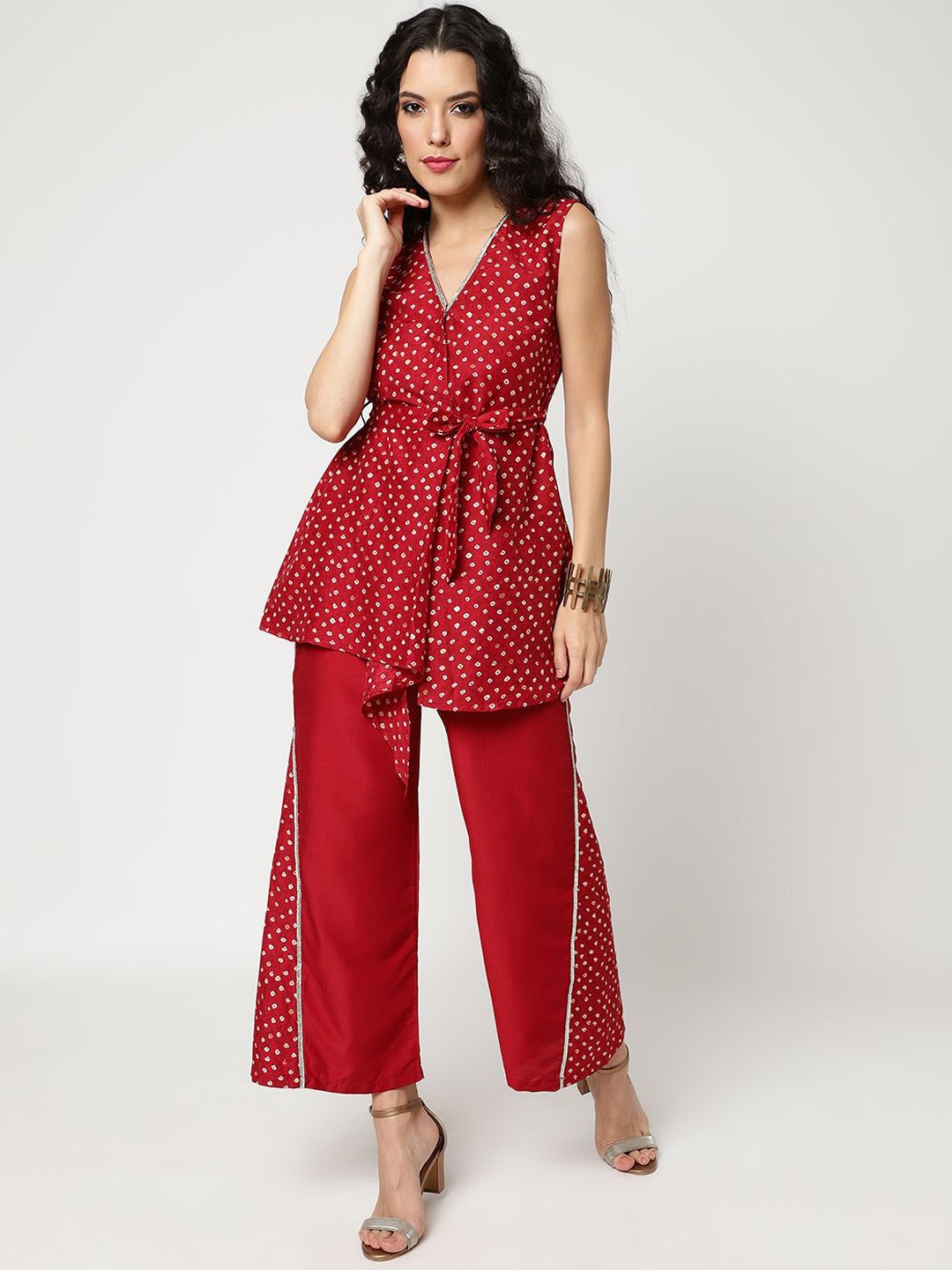 

Pannkh Bandhani Printed V-Neck Sleeveless Top With Trouser, Maroon