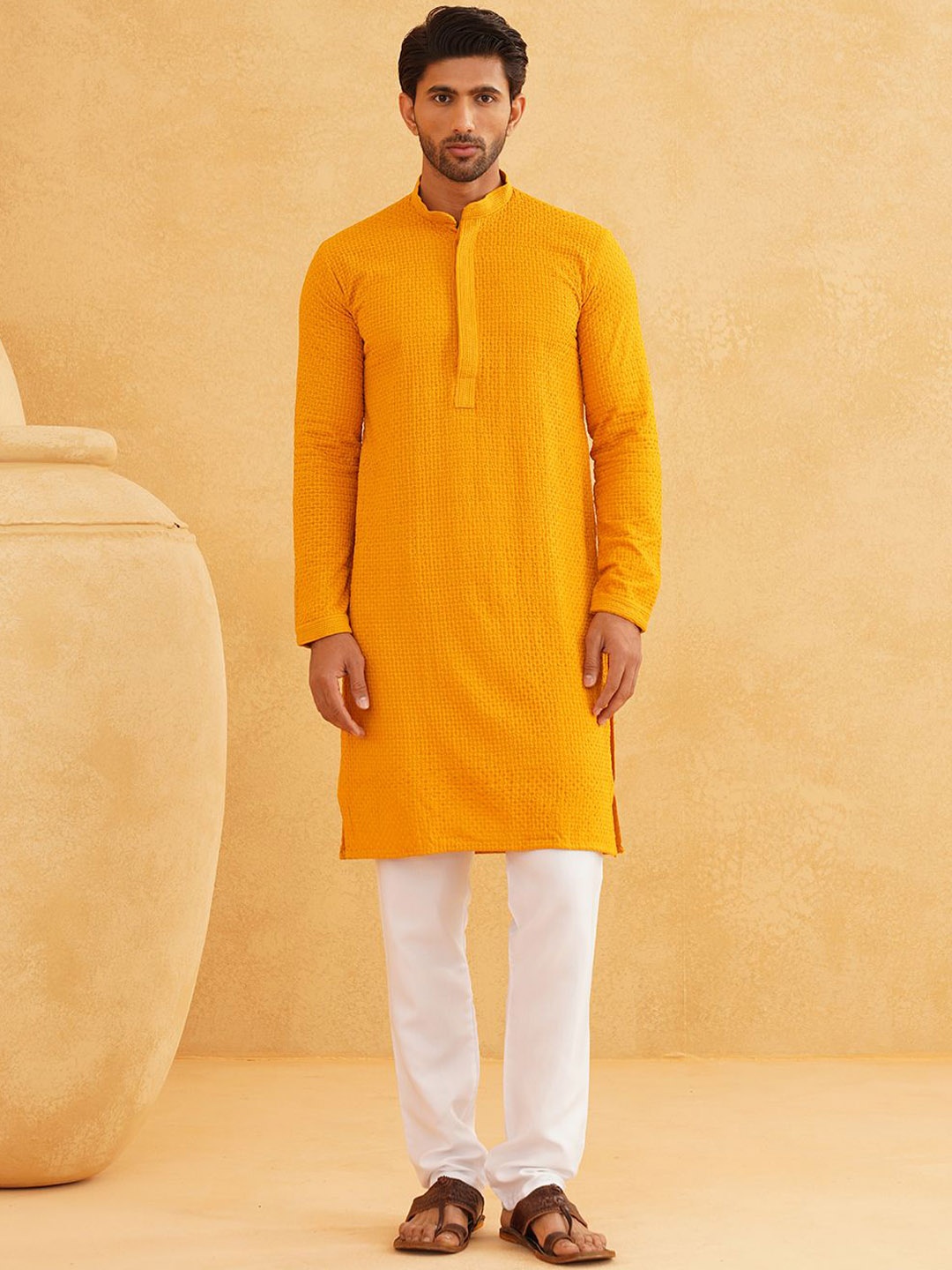 

SOJANYA Geometric Embroidered Regular Pure Cotton Straight Kurta With Churidar, Mustard