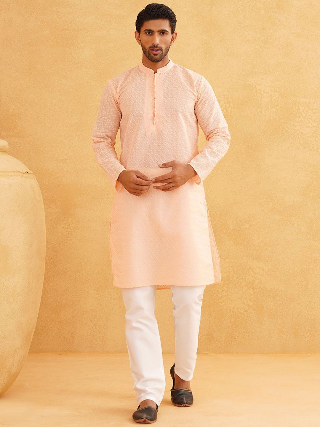 

SOJANYA Geometric Embroidered Regular Pure Cotton Straight Kurta With Churidar, Peach