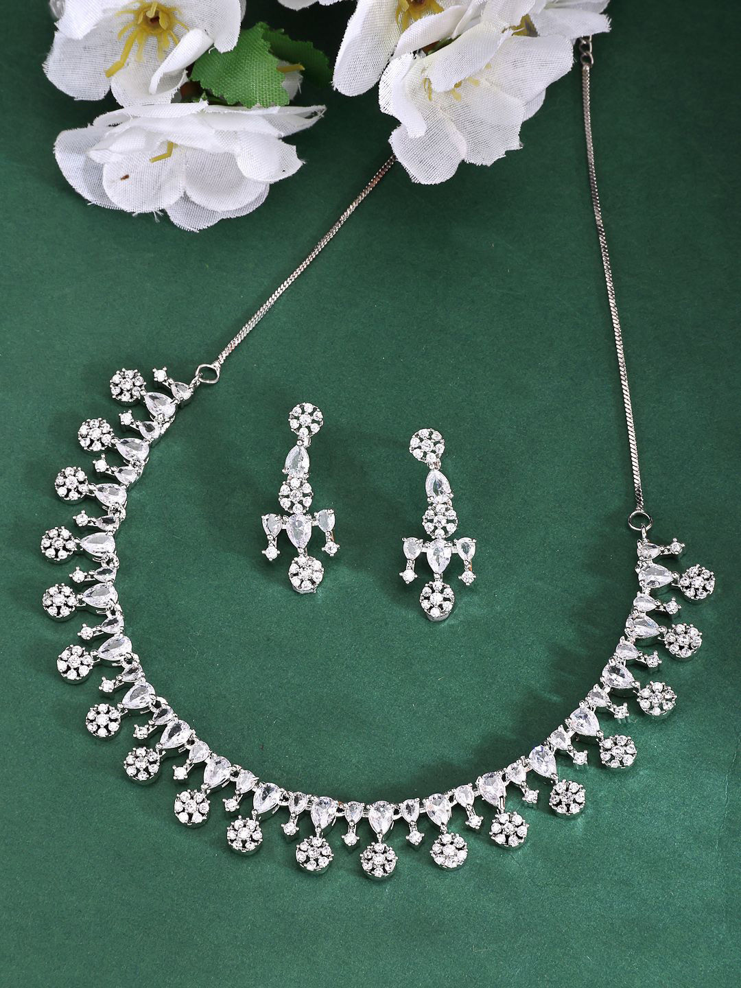 

ZENEME American Diamond CZ Rhodium-Plated Designer Silver Necklace & Earring Set