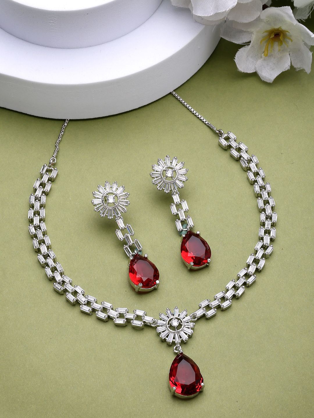 

ZENEME Rhodium-Plated Luxurious Sparkle Red Necklace & Earring Jewellery Set, Silver