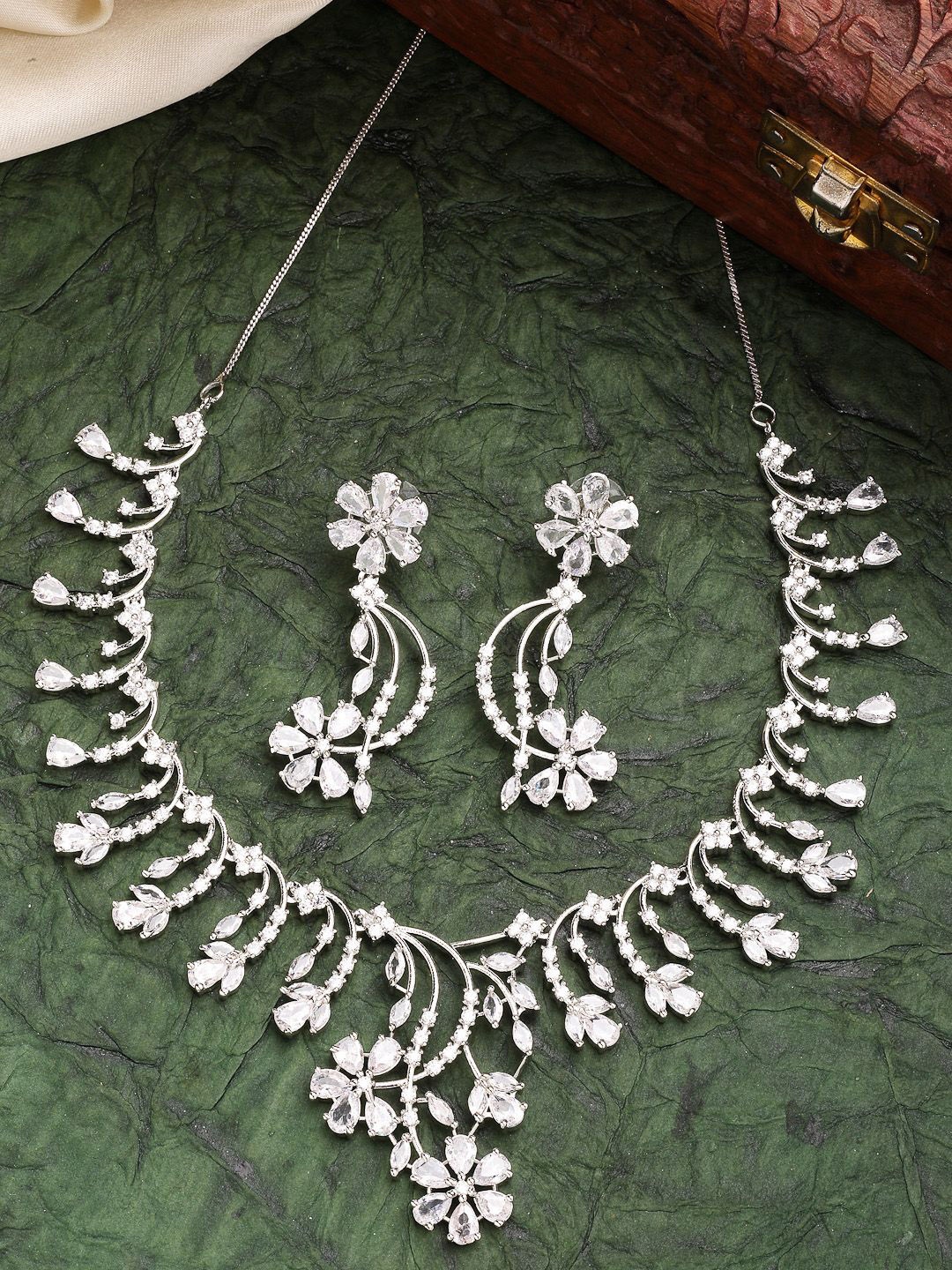 

ZENEME Rhodium-Plated Crystal American Diamond Floral Necklace With Earring Set, Silver