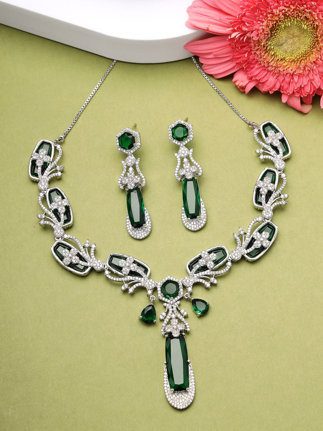 

ZENEME Rhodium-Plated Elegant Emeralds Bloom American Diamond Necklace & Earring Set, Silver