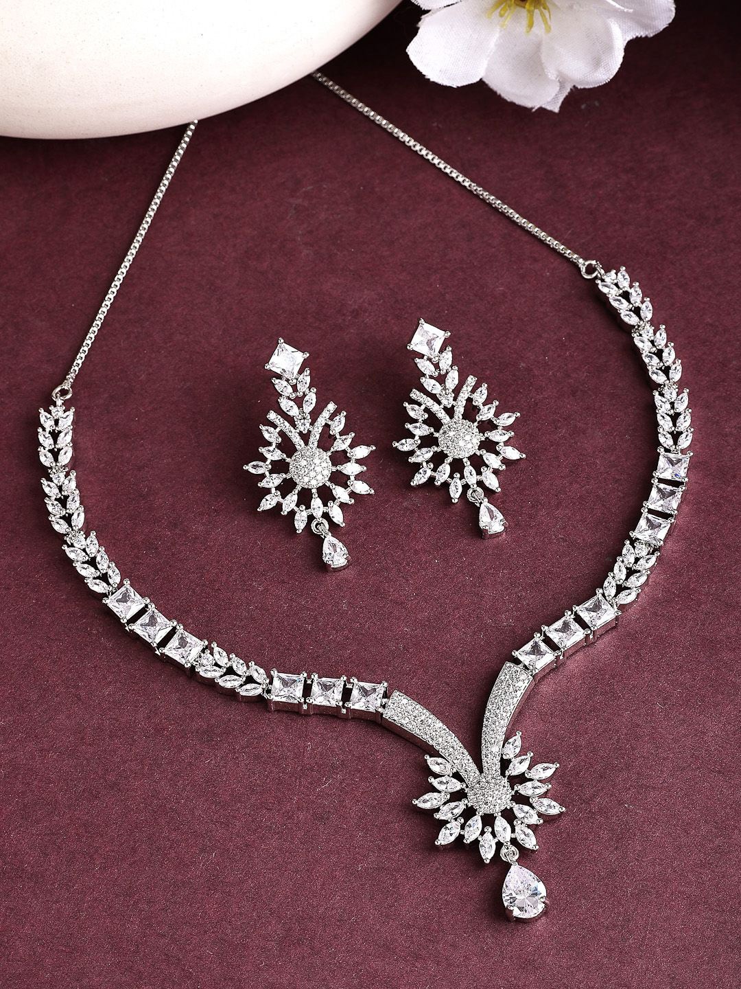 

ZENEME Rhodium-Plated Floral White Crystal American Diamond Necklace With Earring Set, Silver