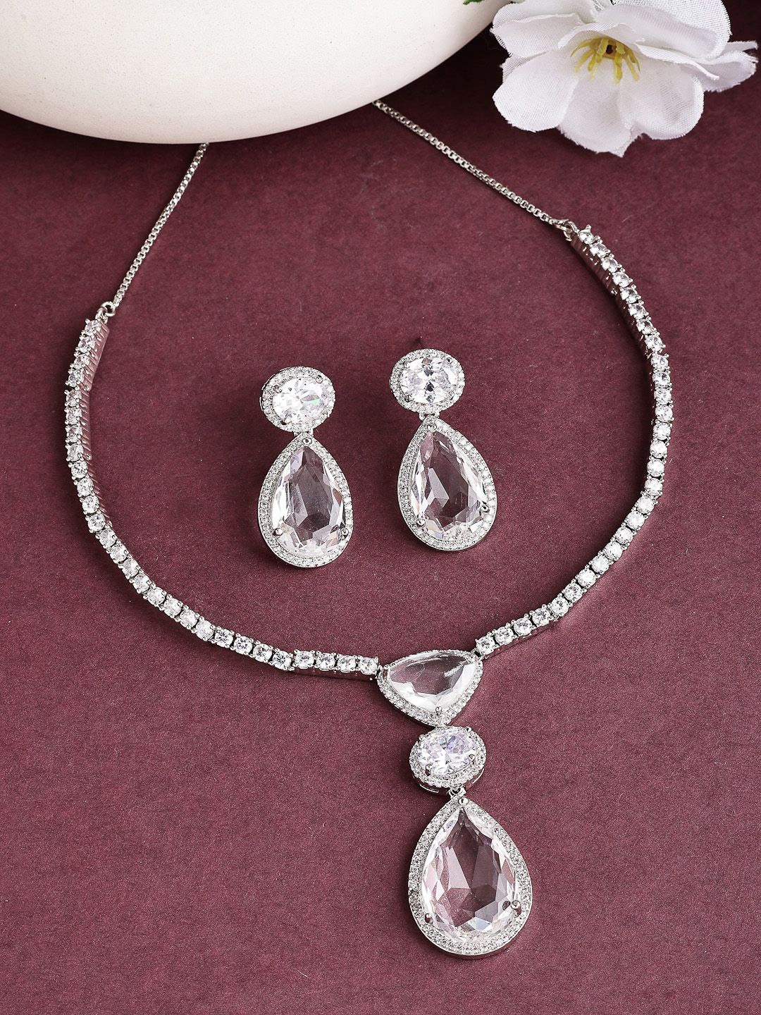 

ZENEME Rhodium-Plated Tear Drop Timeless Crystal Stone Pendant & Earring Set, Silver