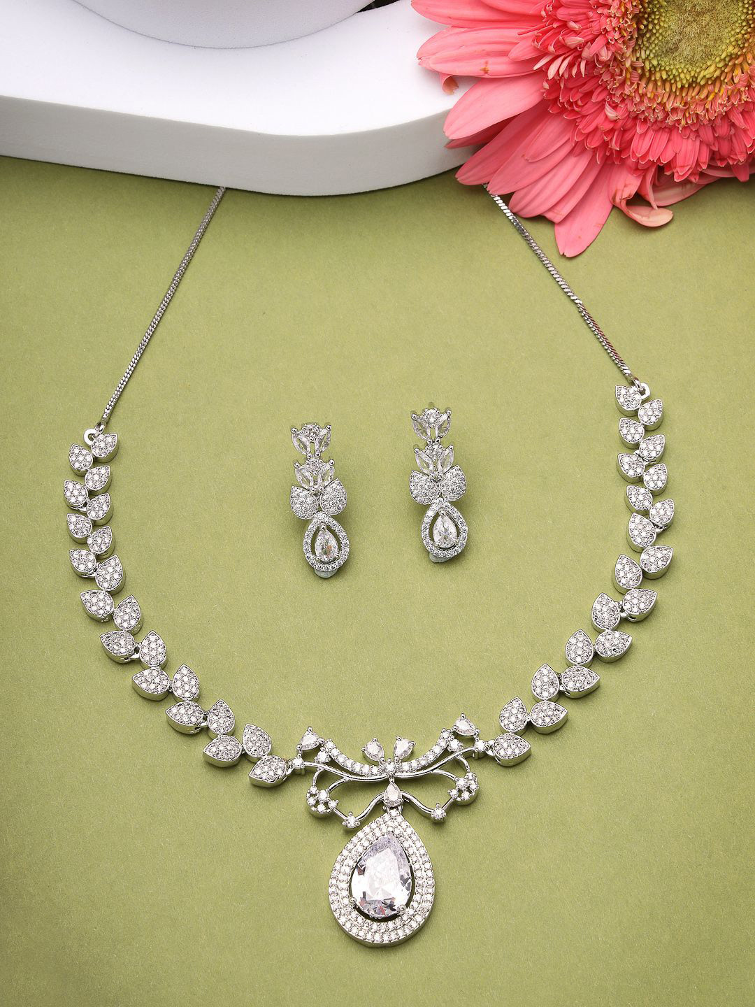 

ZENEME Rhodium-Plated Aqua Crystal American Diamond Bloom Necklace With Earring Set, Silver