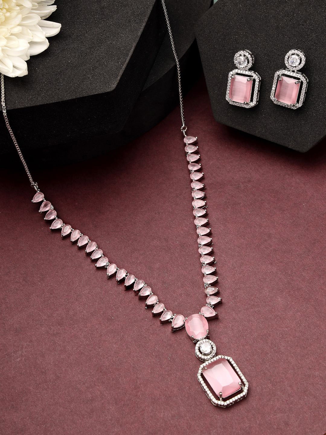 

ZENEME Rhodium-Plated Dew Drop Blossam Pink Necklace & Earring Set, Silver