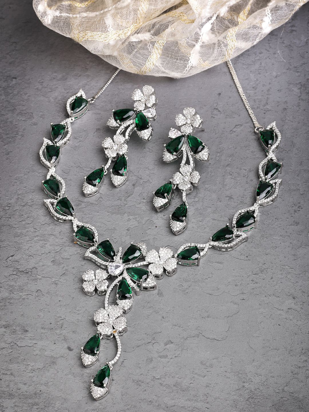 

ZENEME Rhodium-Plated Emerald & Tear Drop American Diamond Necklace With Earring Set, Silver