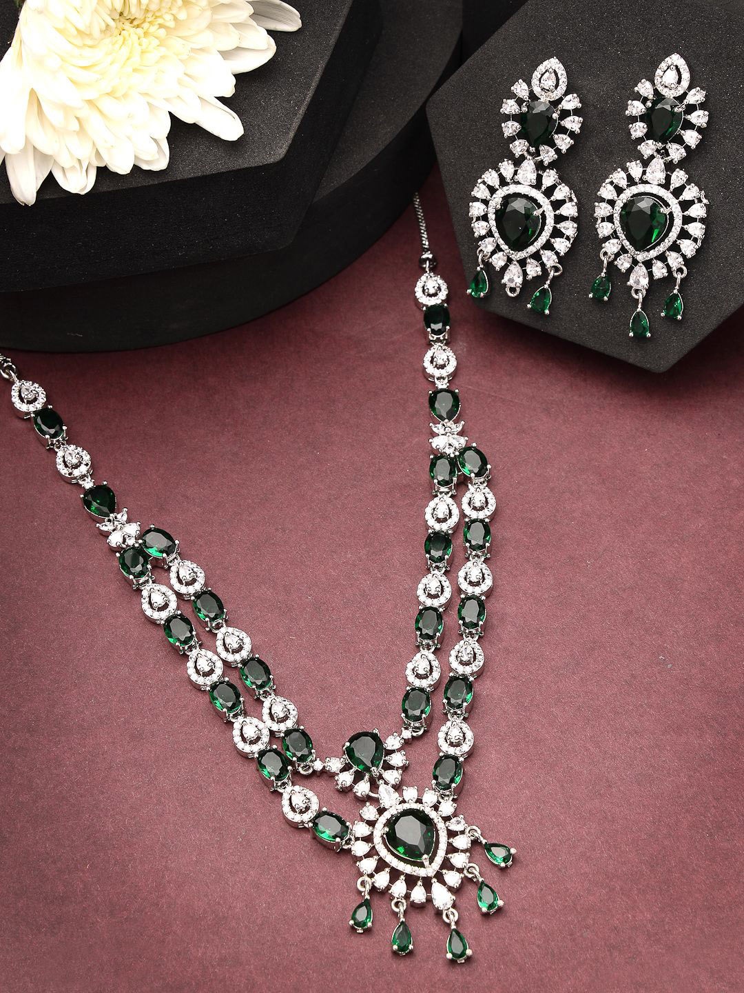 

ZENEME American Diamond CZ Crystal Studded Emrald Green Necklace & Earring Set, Silver