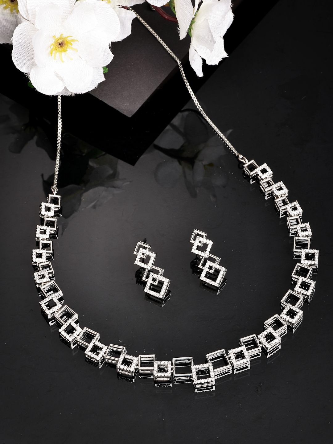 

ZENEME Rhodium-Plated Contemporary Geometrical Necklace With Earring Set, Silver