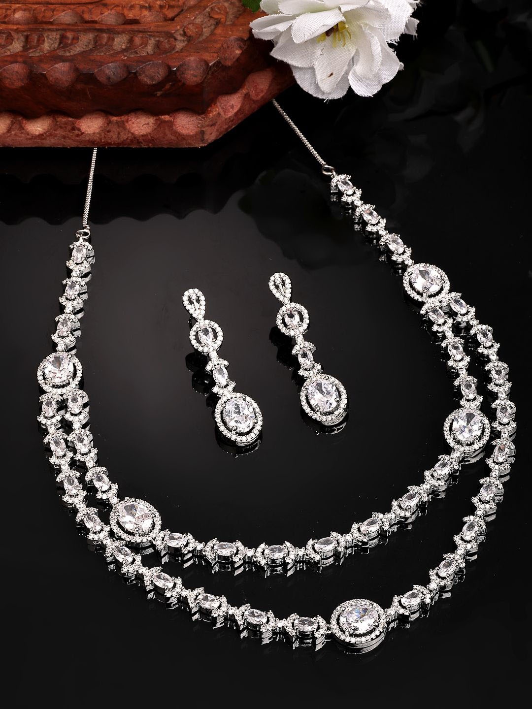 

ZENEME Rhodium-Plated American Diamond Crystal Dual Layer Necklace Set, Silver