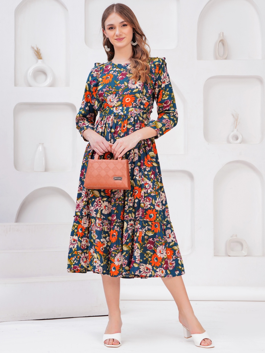 

KALINI Women Bishop Sleeves Fit & Flare Midi Dress, Turquoise blue