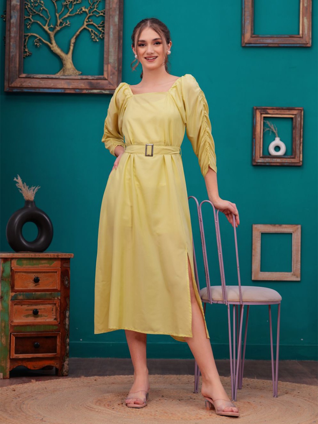 

KALINI Women Fit & Flare Midi Dress, Yellow