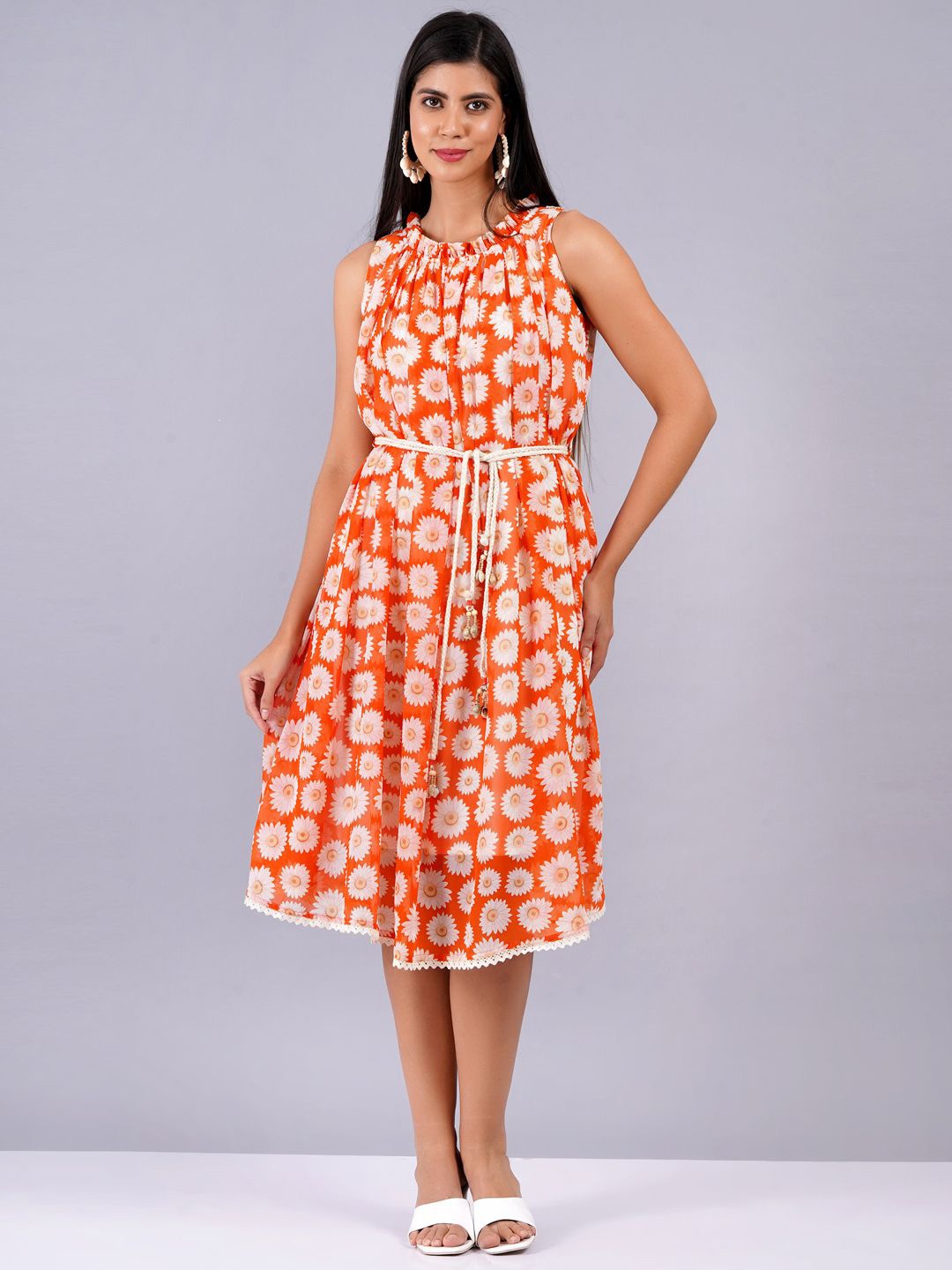 KALINI Women Floral A-Line Dress, Orange
