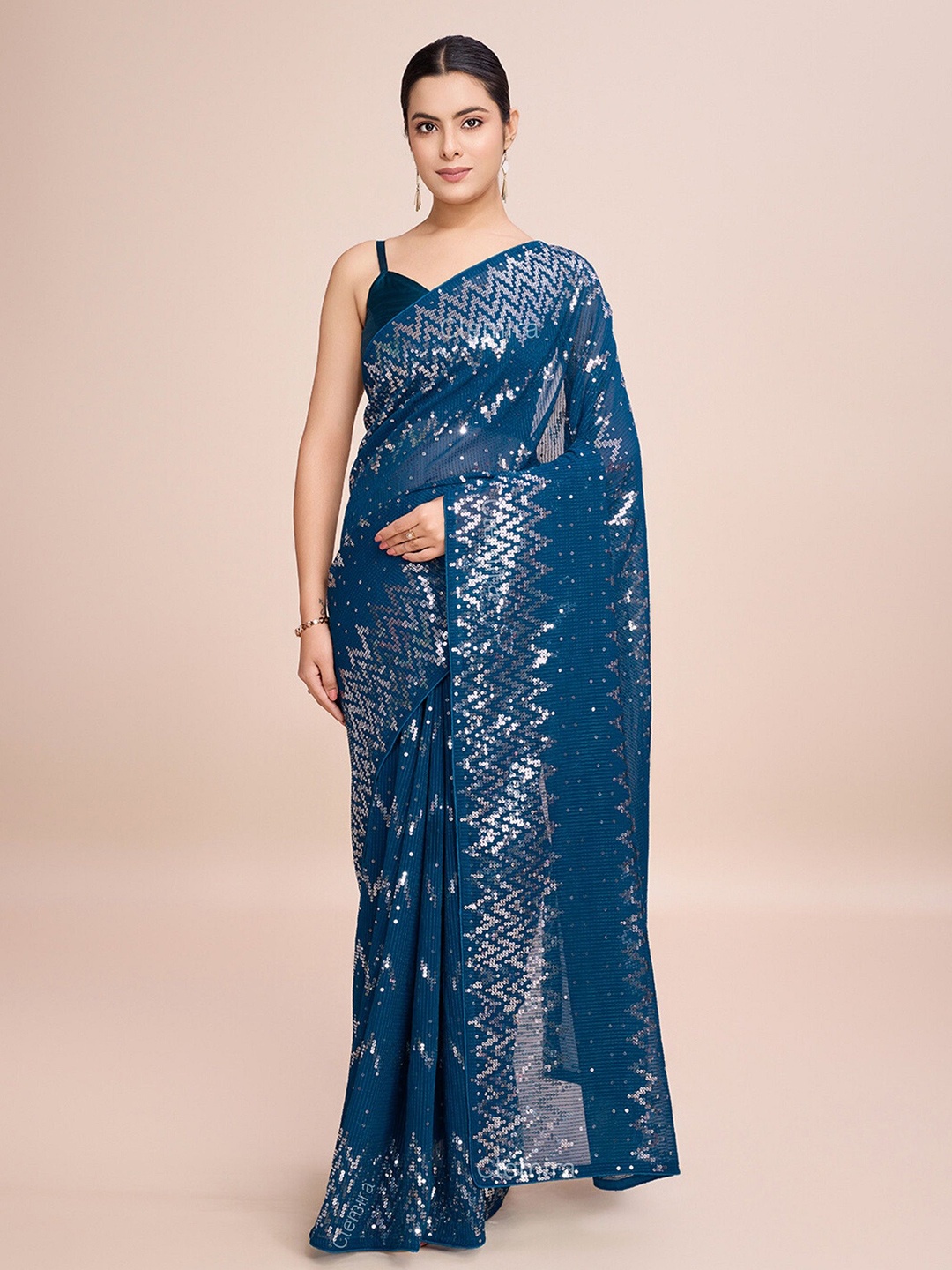 

FashionsEye Embellished Sequinned Saree, Blue