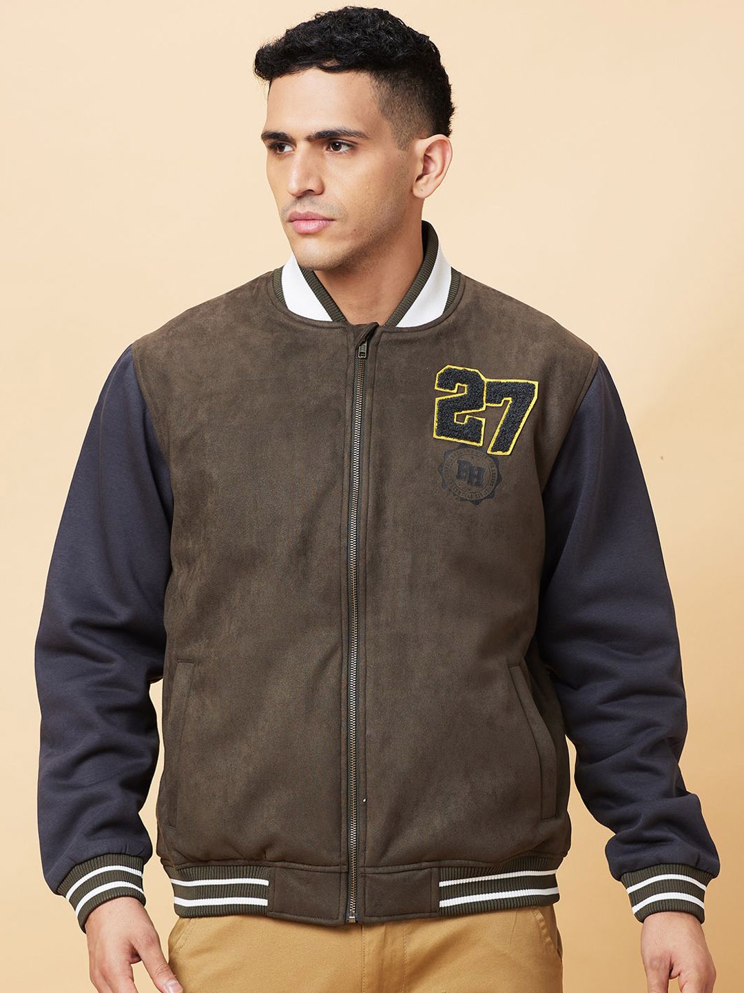 

Being Human Men Stand Collar Typography Printed Casual Bomber Jacket, Olive