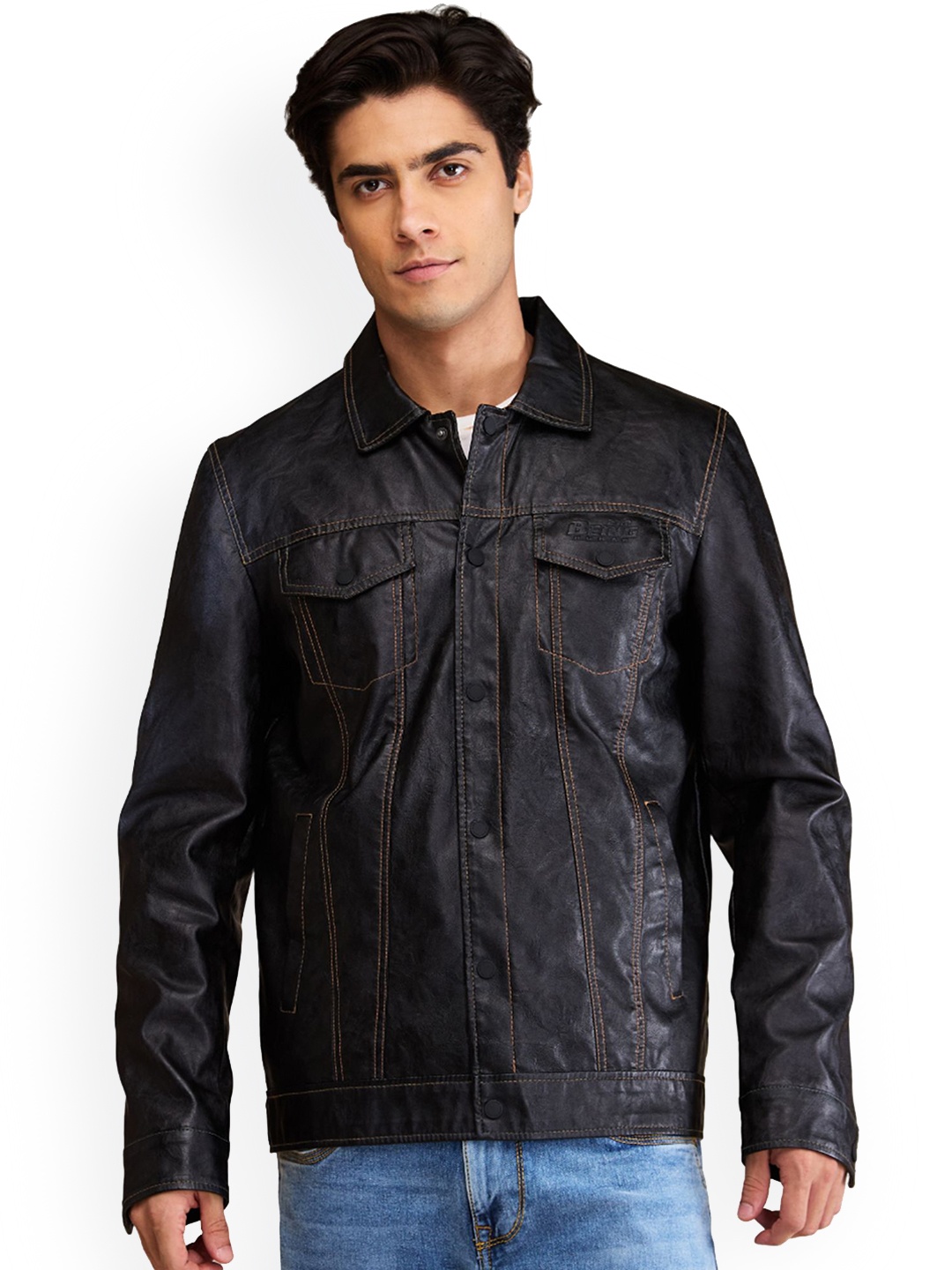 

Being Human Men Spread Collar Solid Casual Denim Jacket, Black