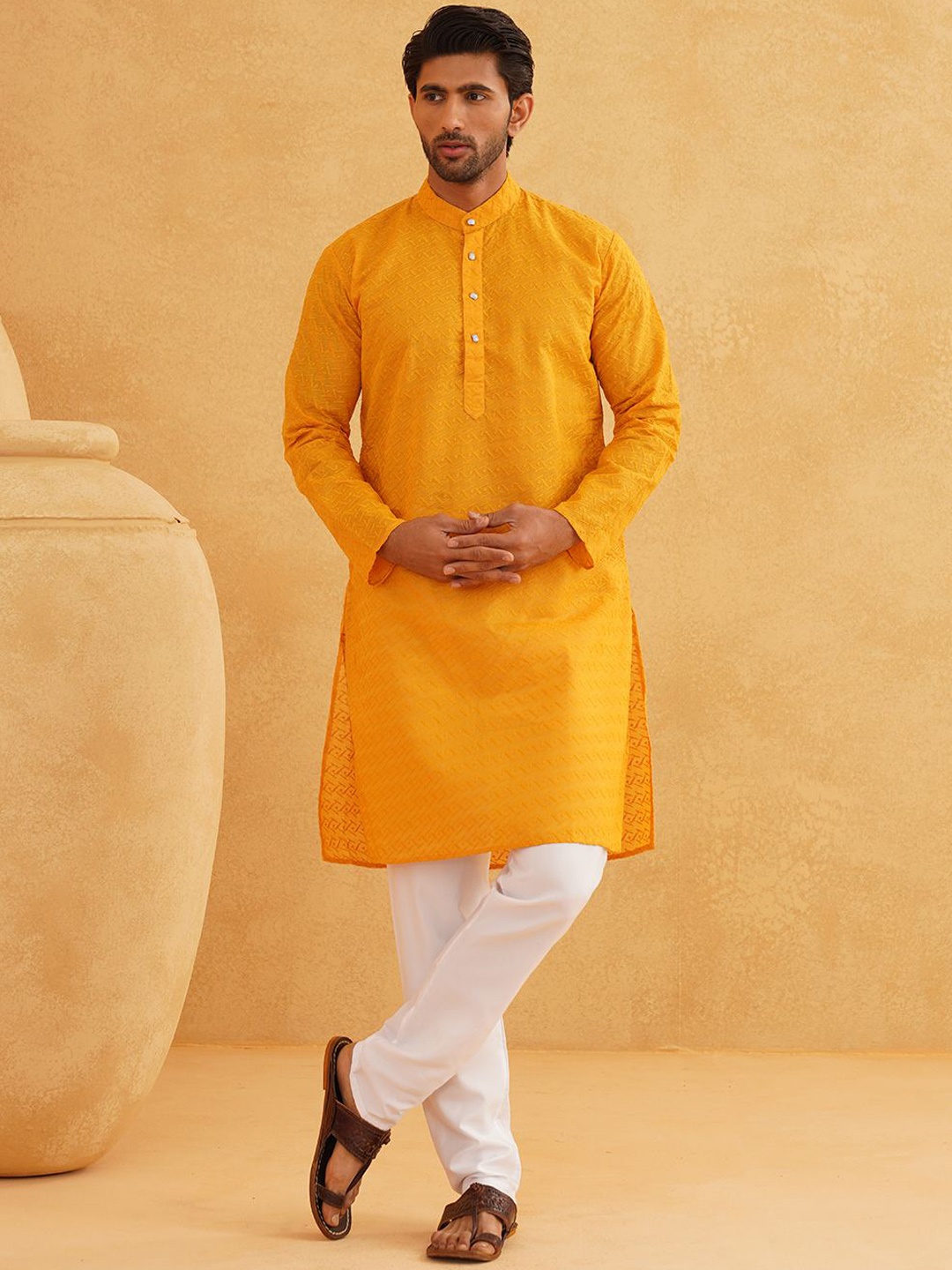 

SOJANYA Ethnic Motifs Embroidered Band Collar Thread Work Cotton Kurta With Churidar, Mustard