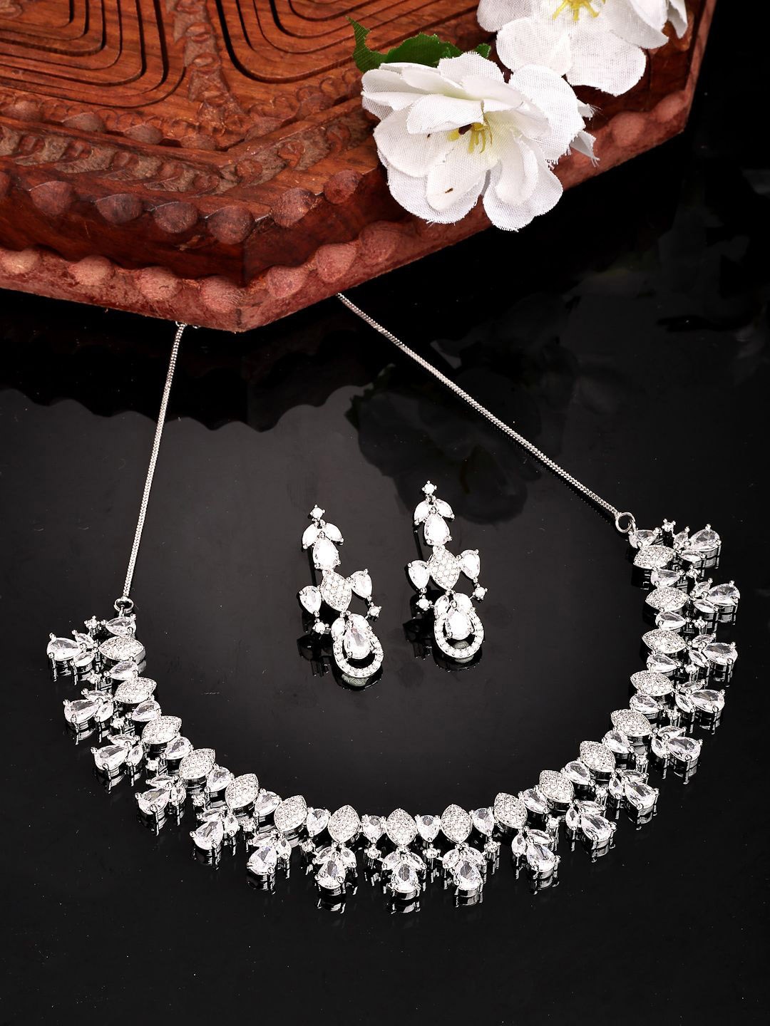 

ZENEME Rhodium-Plated Crystal American Diamond Studded Grace White Necklace & Earring Set, Silver