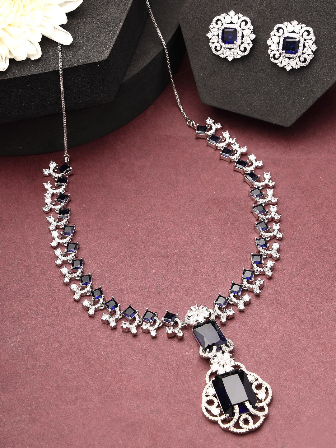 

ZENEME Rhodium-Plated Celebrity Inspired Blue American Diamond Necklace & Earring Set, Silver