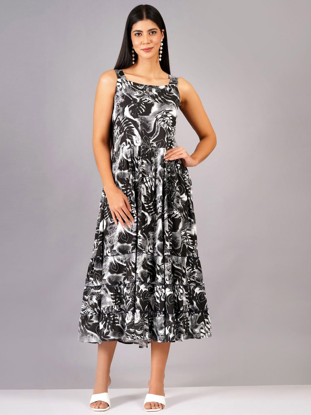 

JC4U Women Tropical Printed Fit & Flare Midi Dress, Black