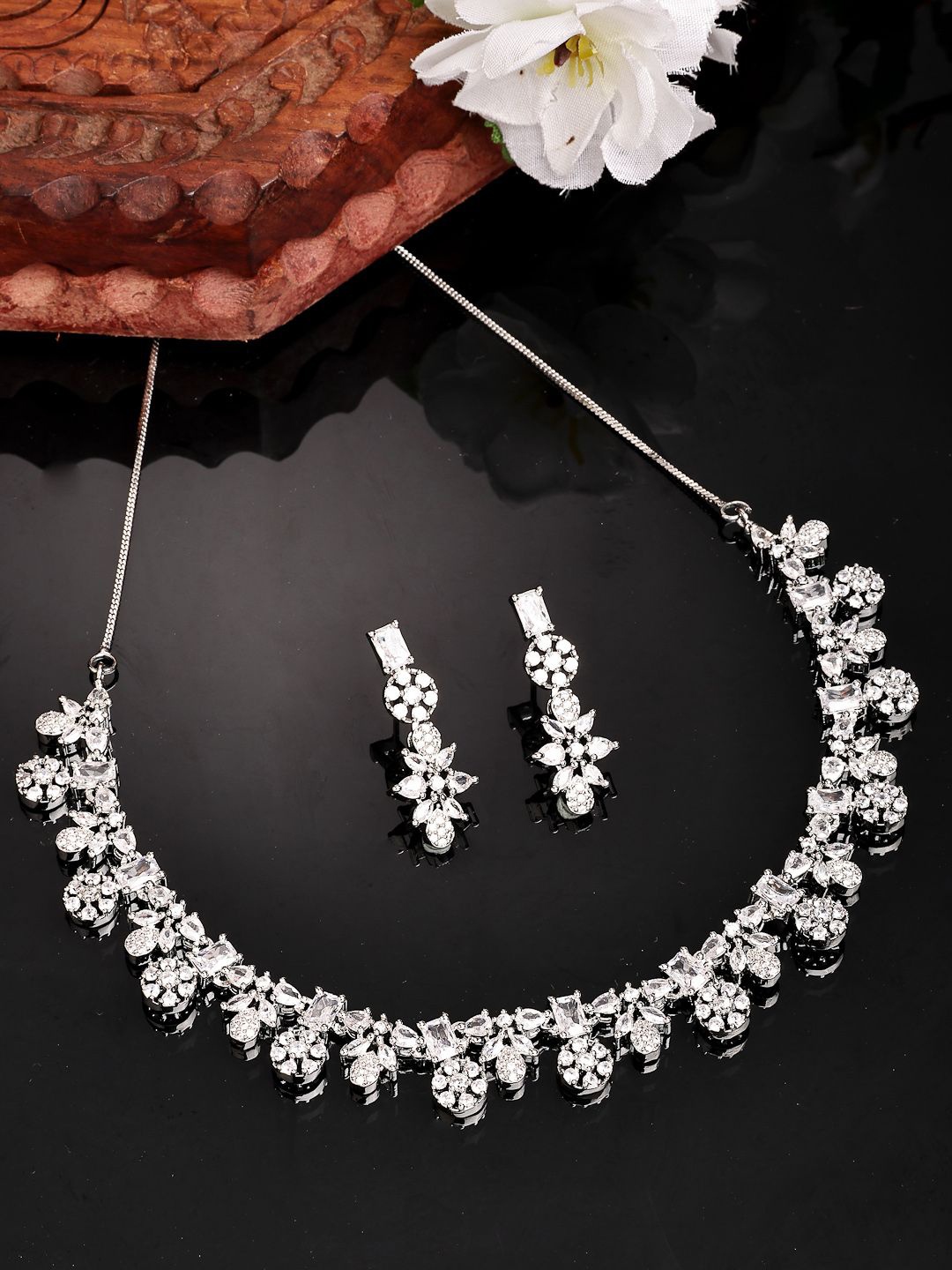 

ZENEME Rhodium-Plated CZ/AD Crystal Intricate Charm Necklace Set, Silver